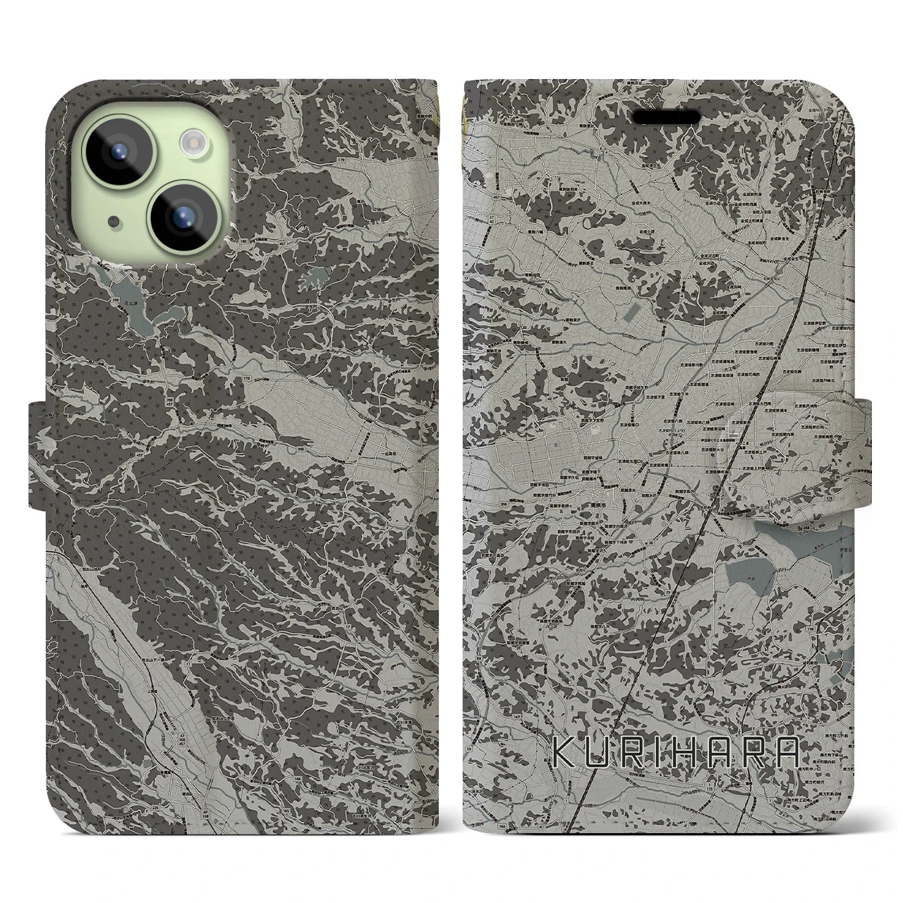 【栗原(宮城県)】地図柄iPhoneケース(手帳タイプ)モノトーン・iPhone 15 用