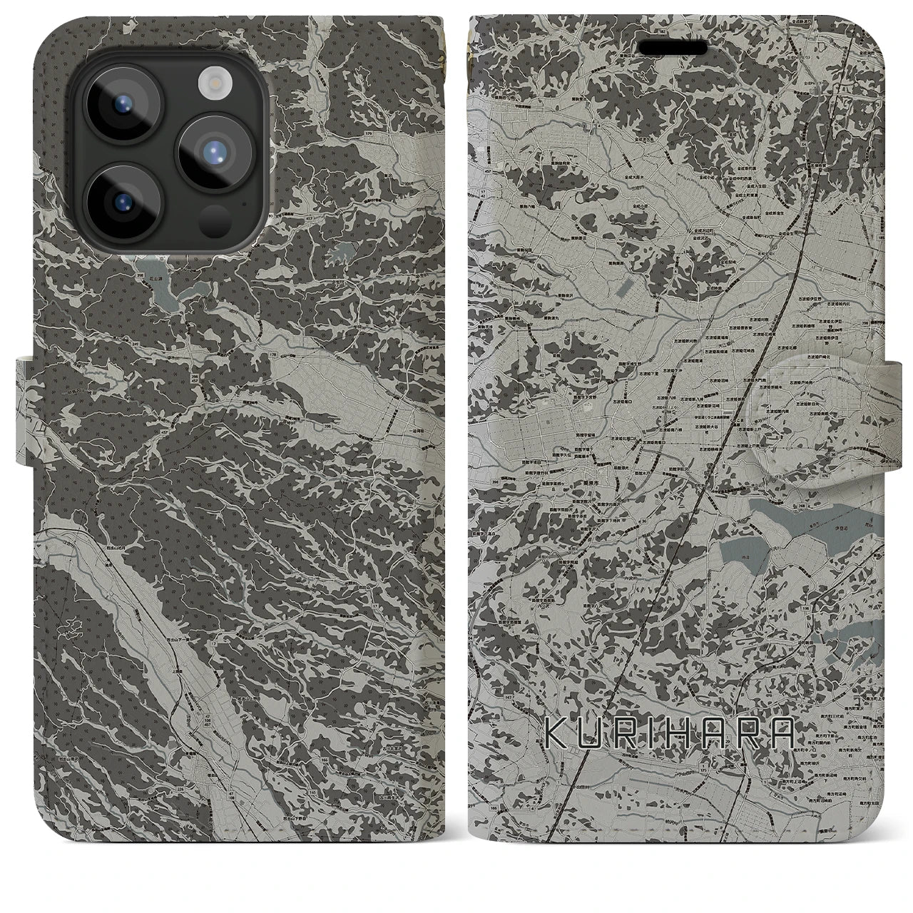 【栗原(宮城県)】地図柄iPhoneケース(手帳タイプ)モノトーン・iPhone 15 Pro Max 用