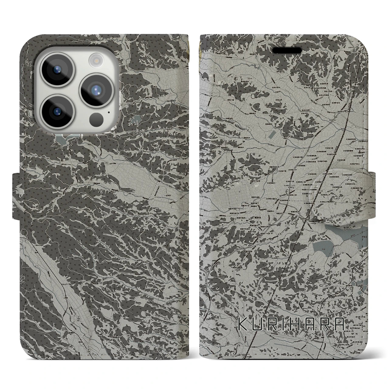 【栗原(宮城県)】地図柄iPhoneケース(手帳タイプ)モノトーン・iPhone 15 Pro 用