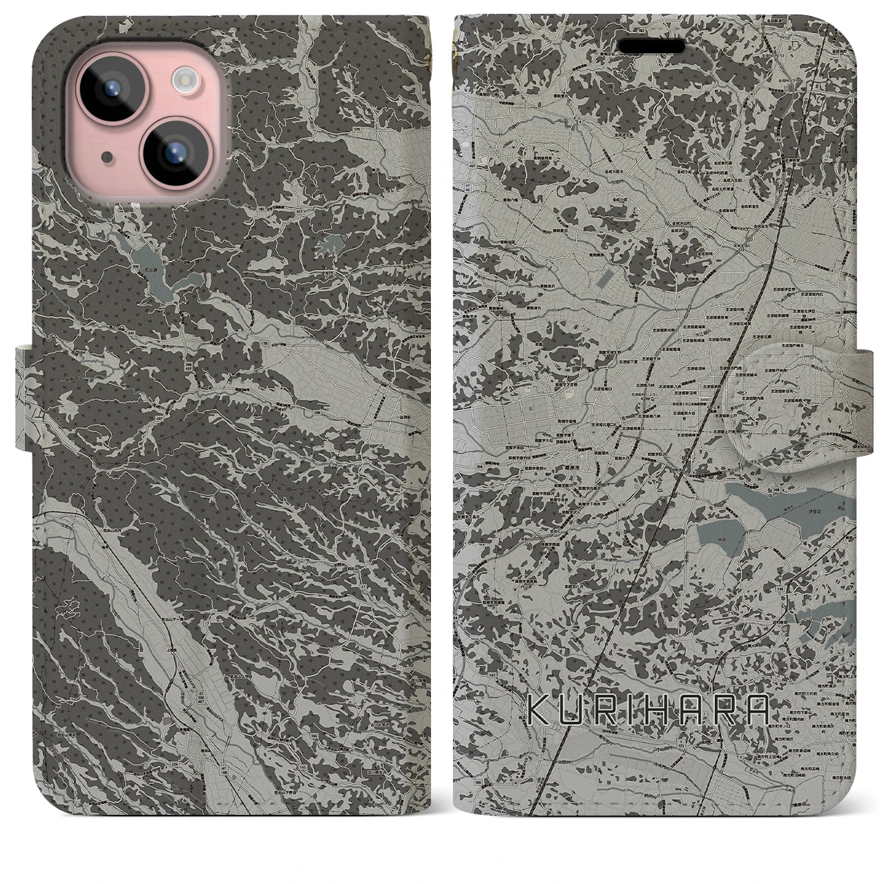 【栗原(宮城県)】地図柄iPhoneケース(手帳タイプ)モノトーン・iPhone 15 Plus 用