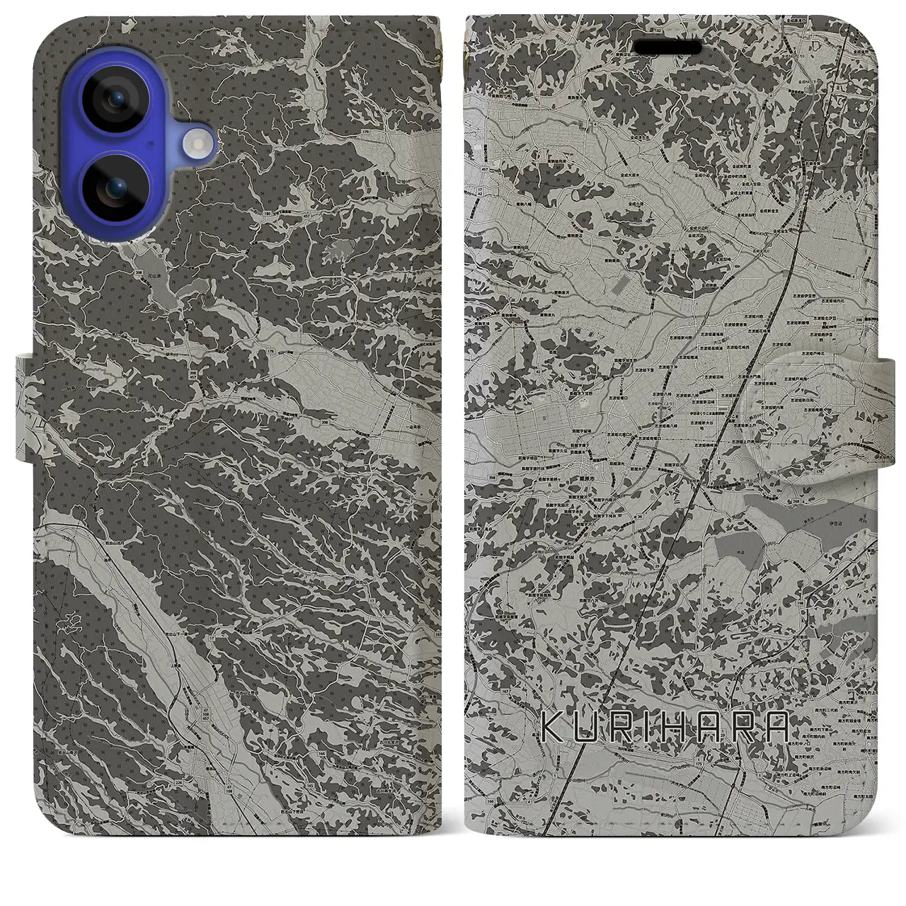 【栗原(宮城県)】地図柄iPhoneケース(手帳タイプ)モノトーン・iPhone 16 Pro Max 用