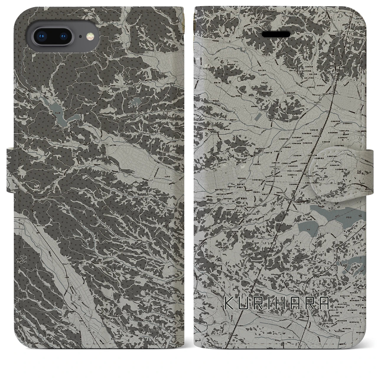【栗原(宮城県)】地図柄iPhoneケース(手帳タイプ)モノトーン・iPhone 8Plus /7Plus / 6sPlus / 6Plus 用