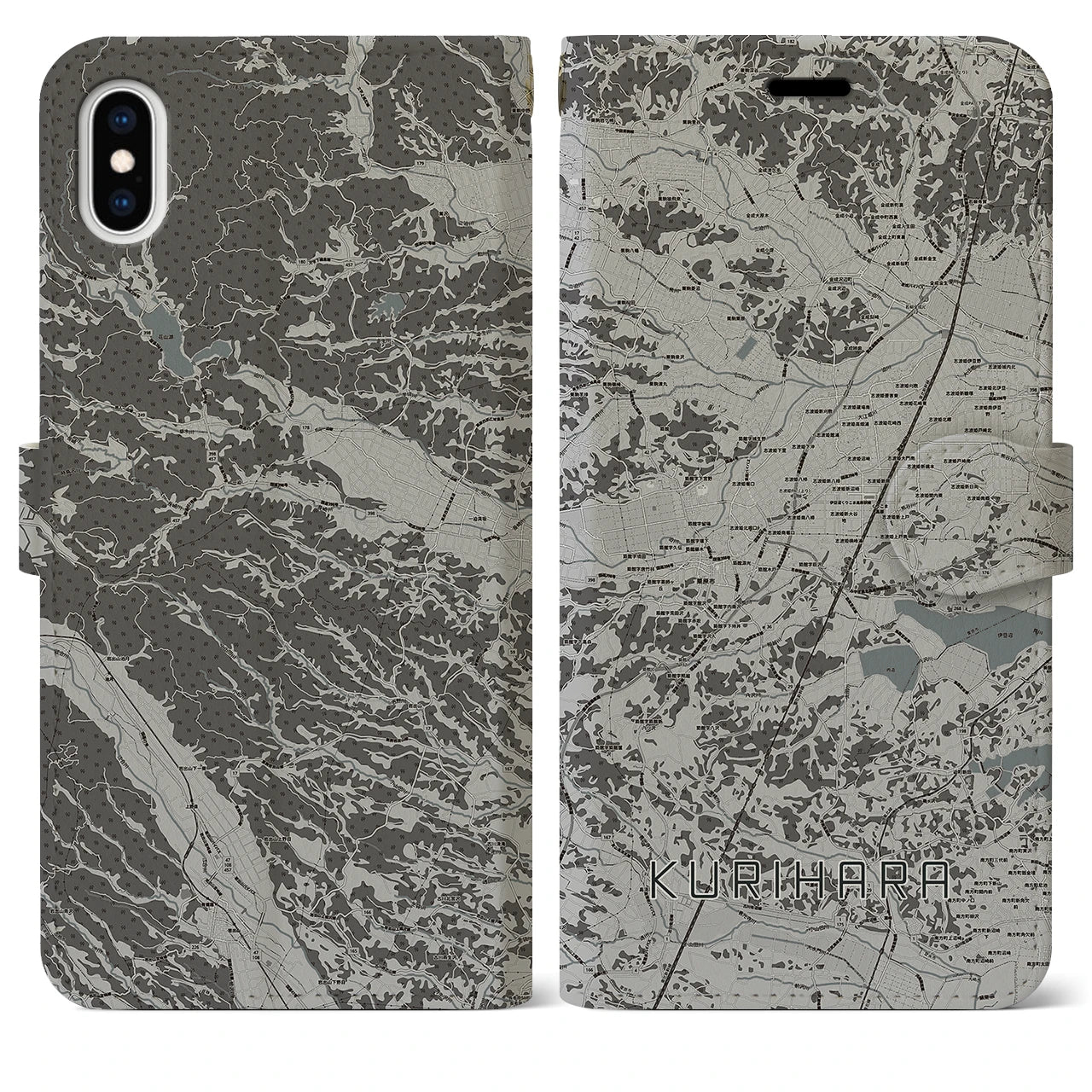 【栗原(宮城県)】地図柄iPhoneケース(手帳タイプ)モノトーン・iPhone XS Max 用