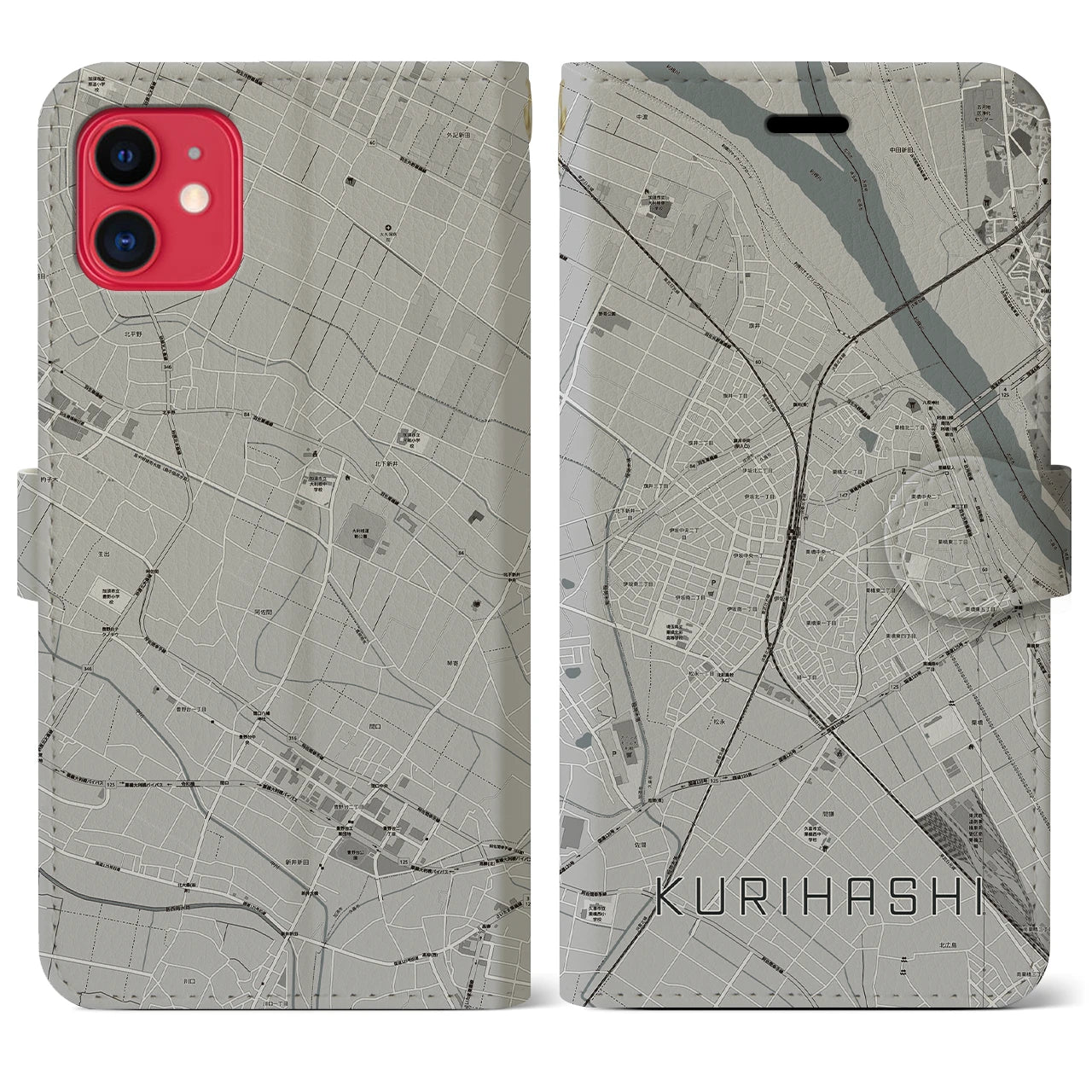 【栗橋(埼玉県)】地図柄iPhoneケース(手帳タイプ)モノトーン・iPhone 11 用