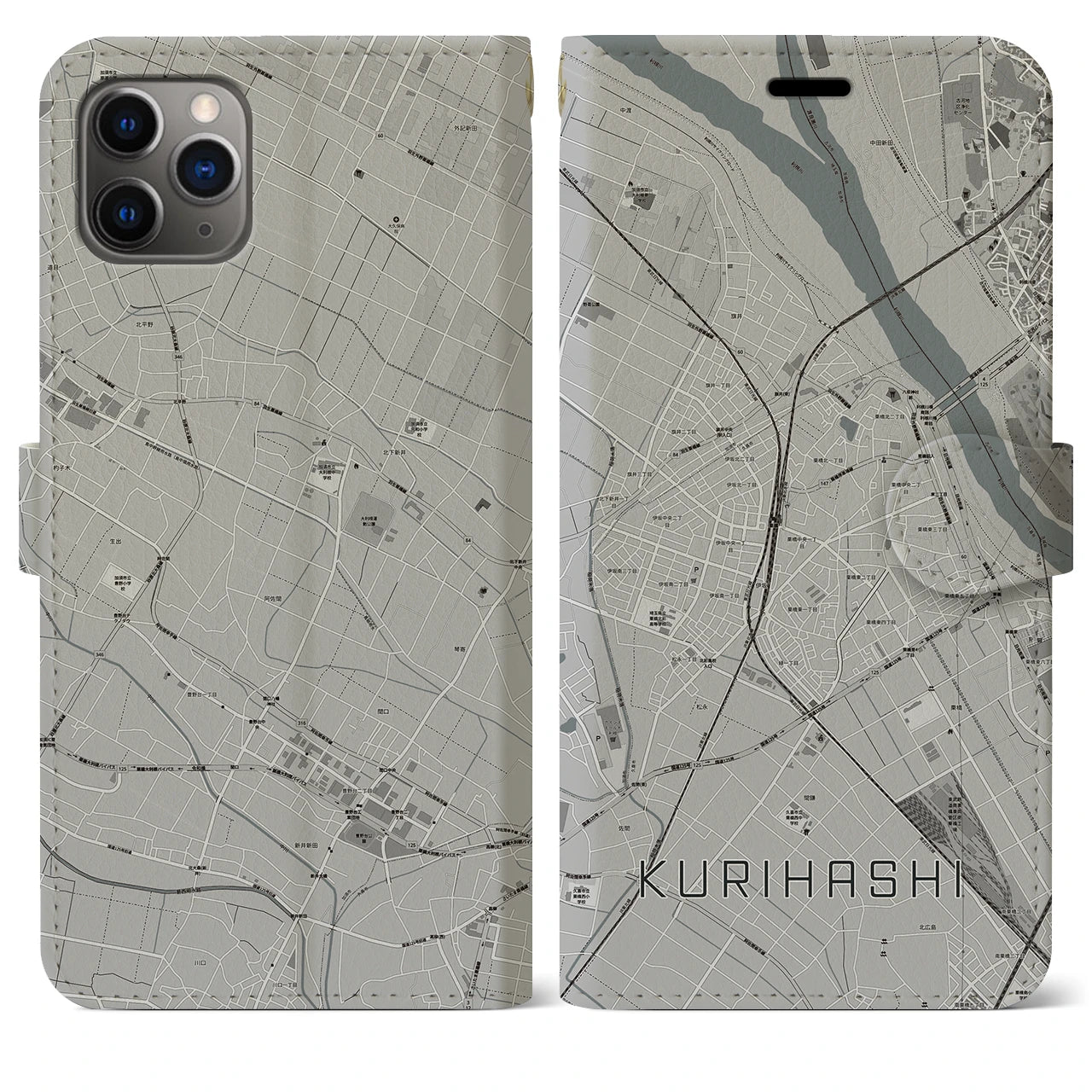 【栗橋(埼玉県)】地図柄iPhoneケース(手帳タイプ)モノトーン・iPhone 11 Pro Max 用