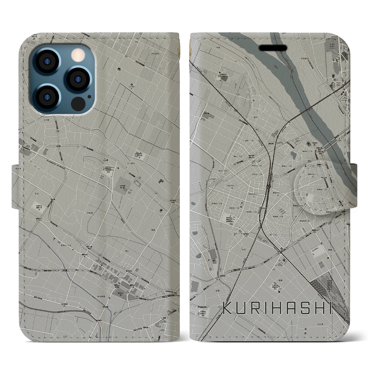 【栗橋(埼玉県)】地図柄iPhoneケース(手帳タイプ)モノトーン・iPhone 12 / 12 Pro 用
