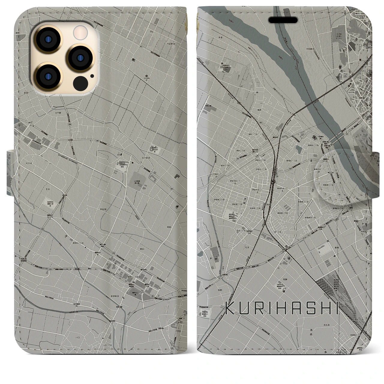 【栗橋(埼玉県)】地図柄iPhoneケース(手帳タイプ)モノトーン・iPhone 12 Pro Max 用