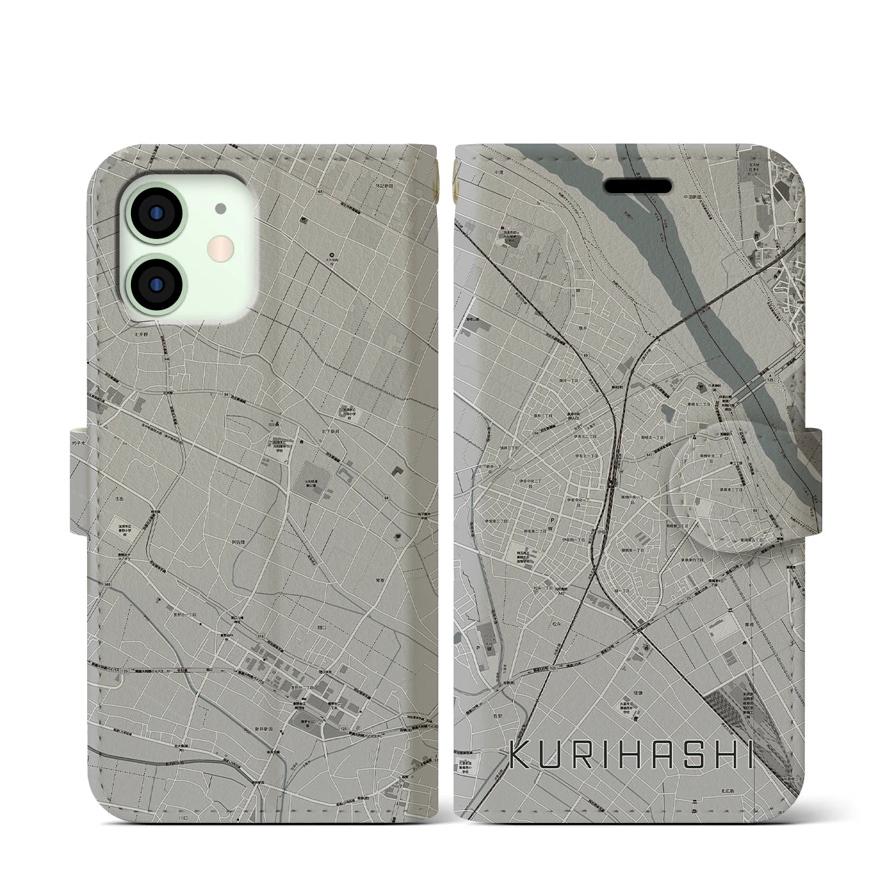 【栗橋(埼玉県)】地図柄iPhoneケース(手帳タイプ)モノトーン・iPhone 12 mini 用