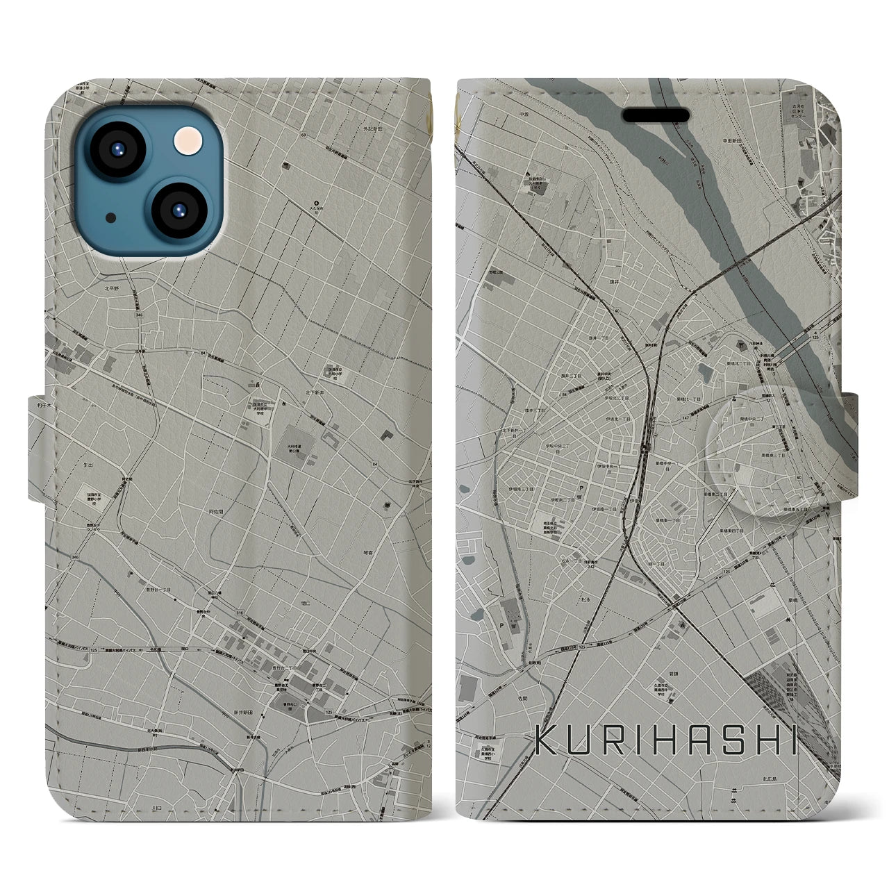 【栗橋(埼玉県)】地図柄iPhoneケース(手帳タイプ)モノトーン・iPhone 13 用