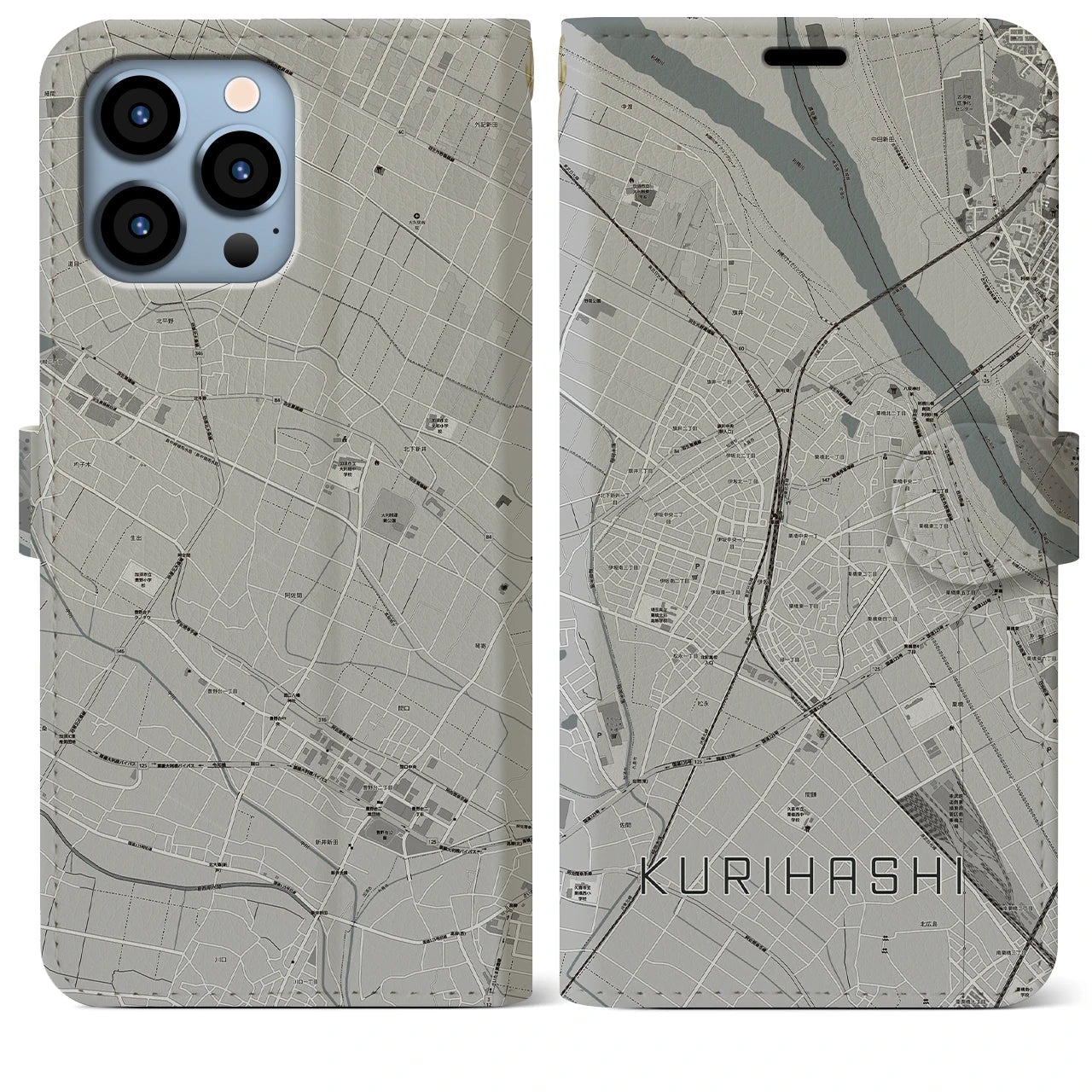 【栗橋(埼玉県)】地図柄iPhoneケース(手帳タイプ)モノトーン・iPhone 13 Pro Max 用