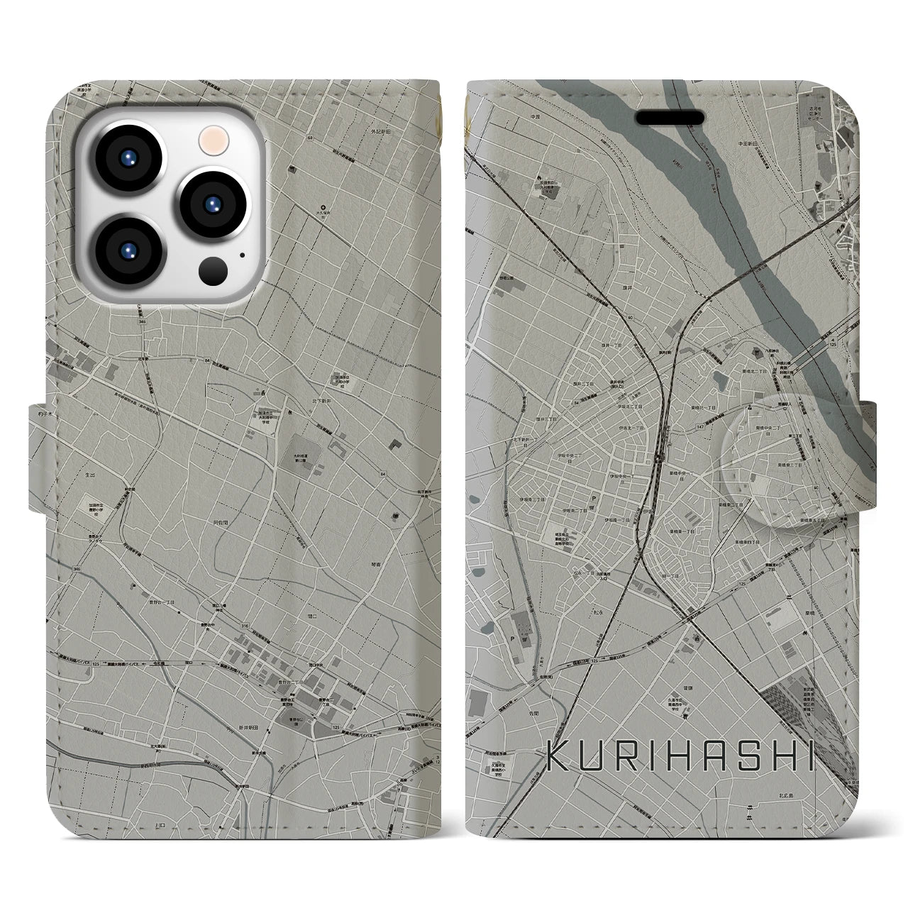 【栗橋(埼玉県)】地図柄iPhoneケース(手帳タイプ)モノトーン・iPhone 13 Pro 用