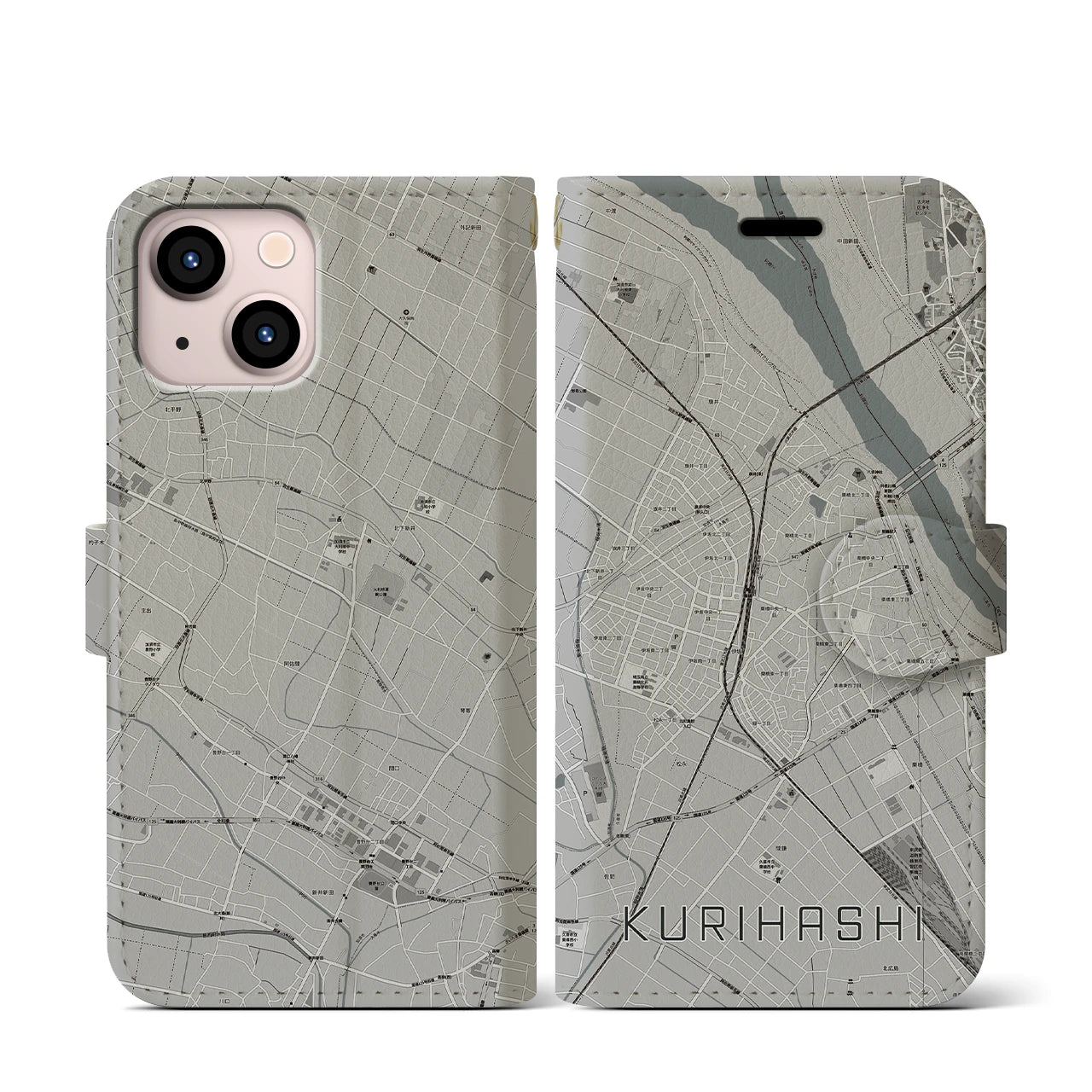 【栗橋(埼玉県)】地図柄iPhoneケース(手帳タイプ)モノトーン・iPhone 13 mini 用
