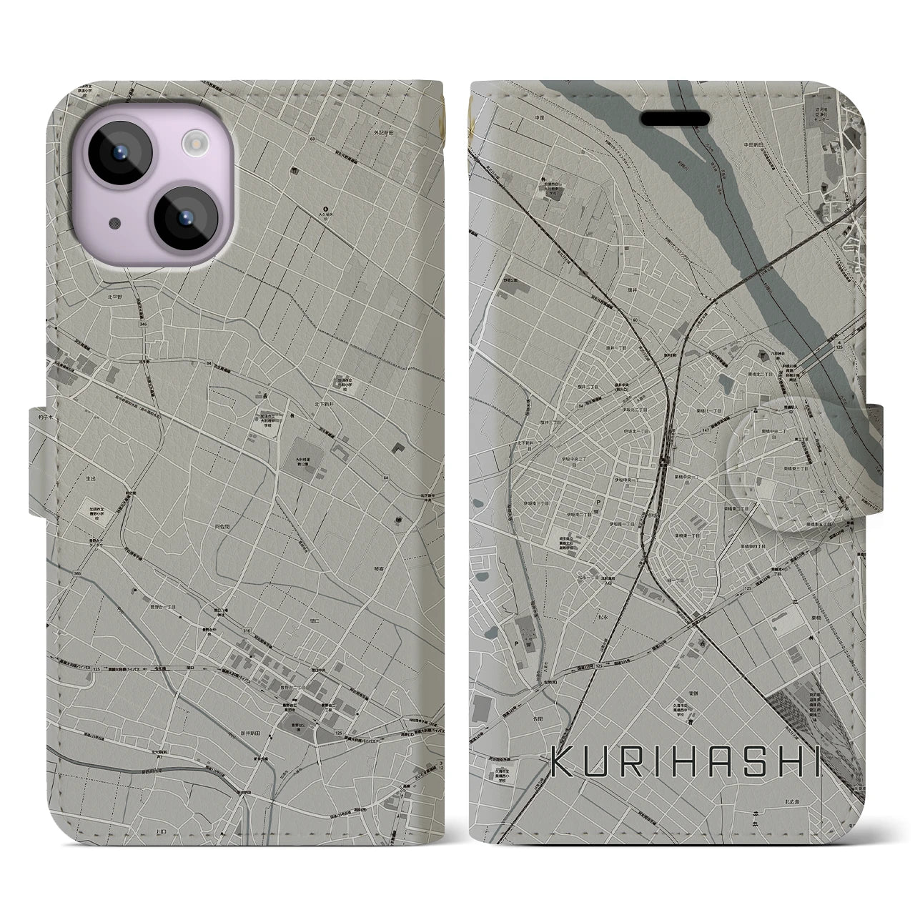 【栗橋(埼玉県)】地図柄iPhoneケース(手帳タイプ)モノトーン・iPhone 14 用