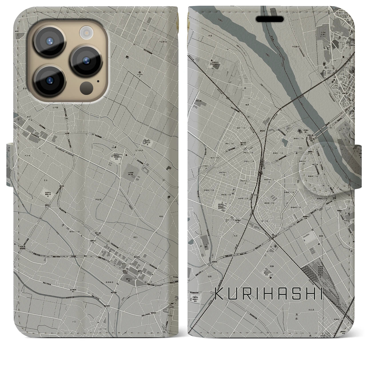 【栗橋(埼玉県)】地図柄iPhoneケース(手帳タイプ)モノトーン・iPhone 14 Pro Max 用