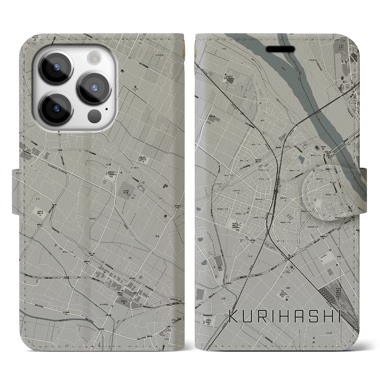 【栗橋(埼玉県)】地図柄iPhoneケース(手帳タイプ)モノトーン・iPhone 14 Pro 用