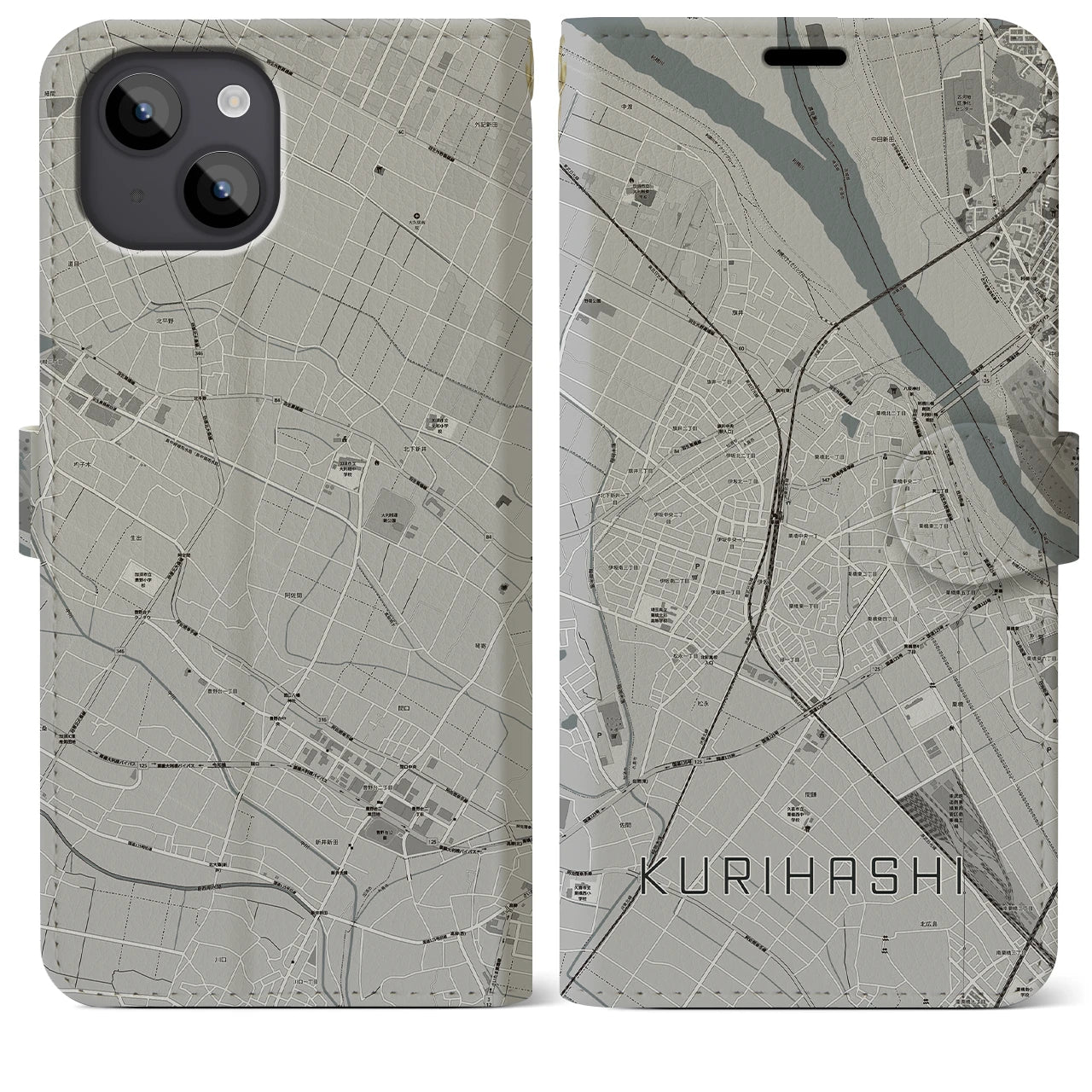 【栗橋(埼玉県)】地図柄iPhoneケース(手帳タイプ)モノトーン・iPhone 14 Plus 用