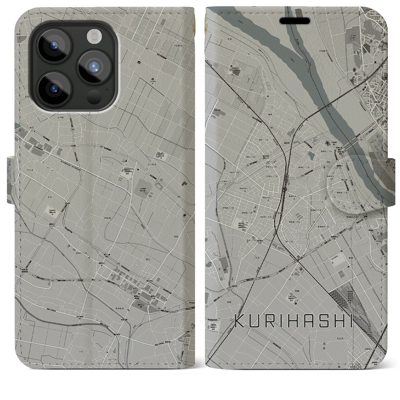 【栗橋(埼玉県)】地図柄iPhoneケース(手帳タイプ)モノトーン・iPhone 15 Pro Max 用