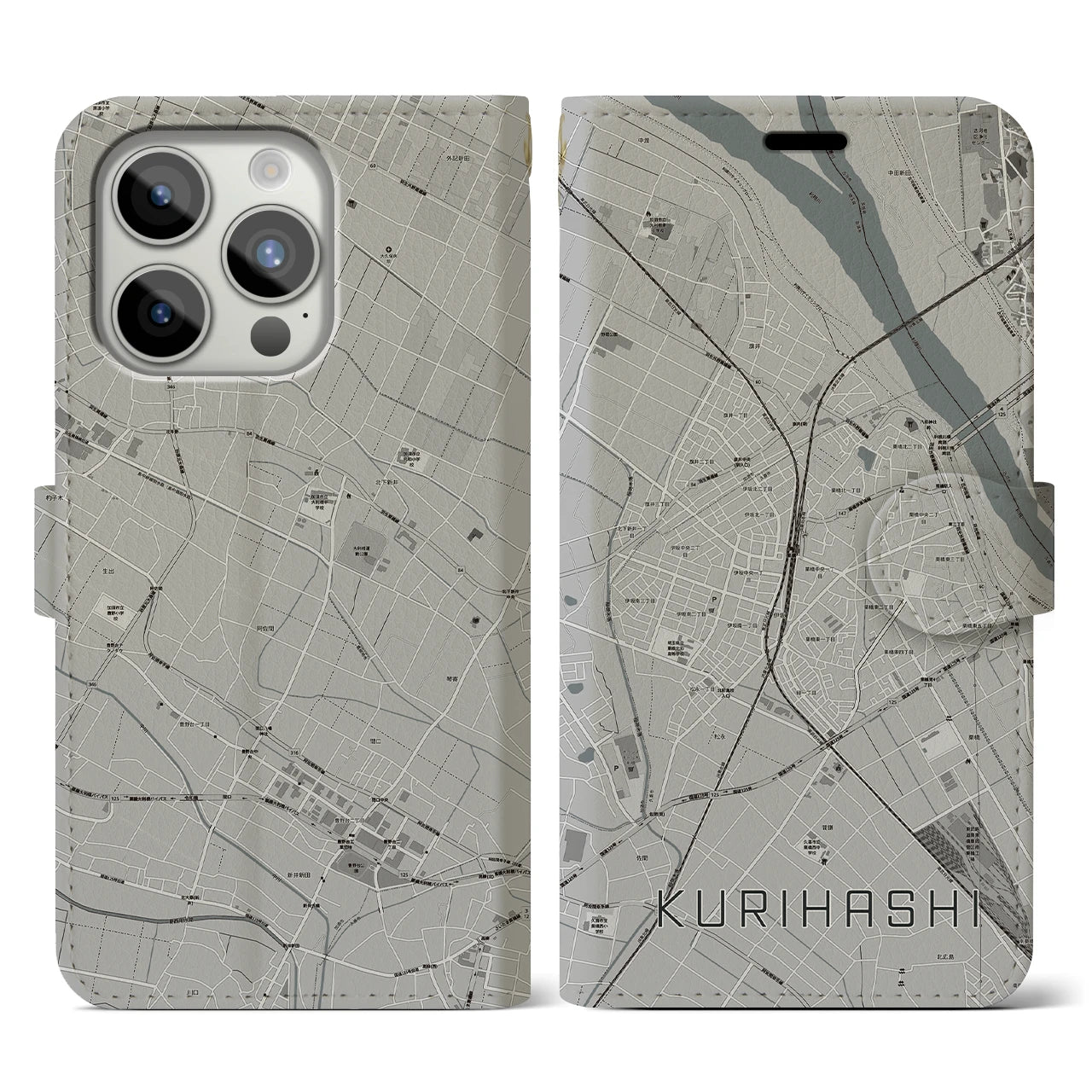 【栗橋(埼玉県)】地図柄iPhoneケース(手帳タイプ)モノトーン・iPhone 15 Pro 用