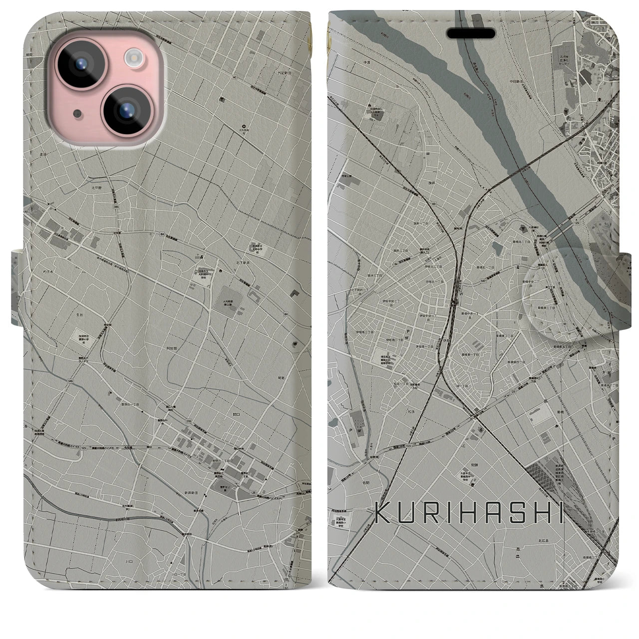 【栗橋(埼玉県)】地図柄iPhoneケース(手帳タイプ)モノトーン・iPhone 15 Plus 用