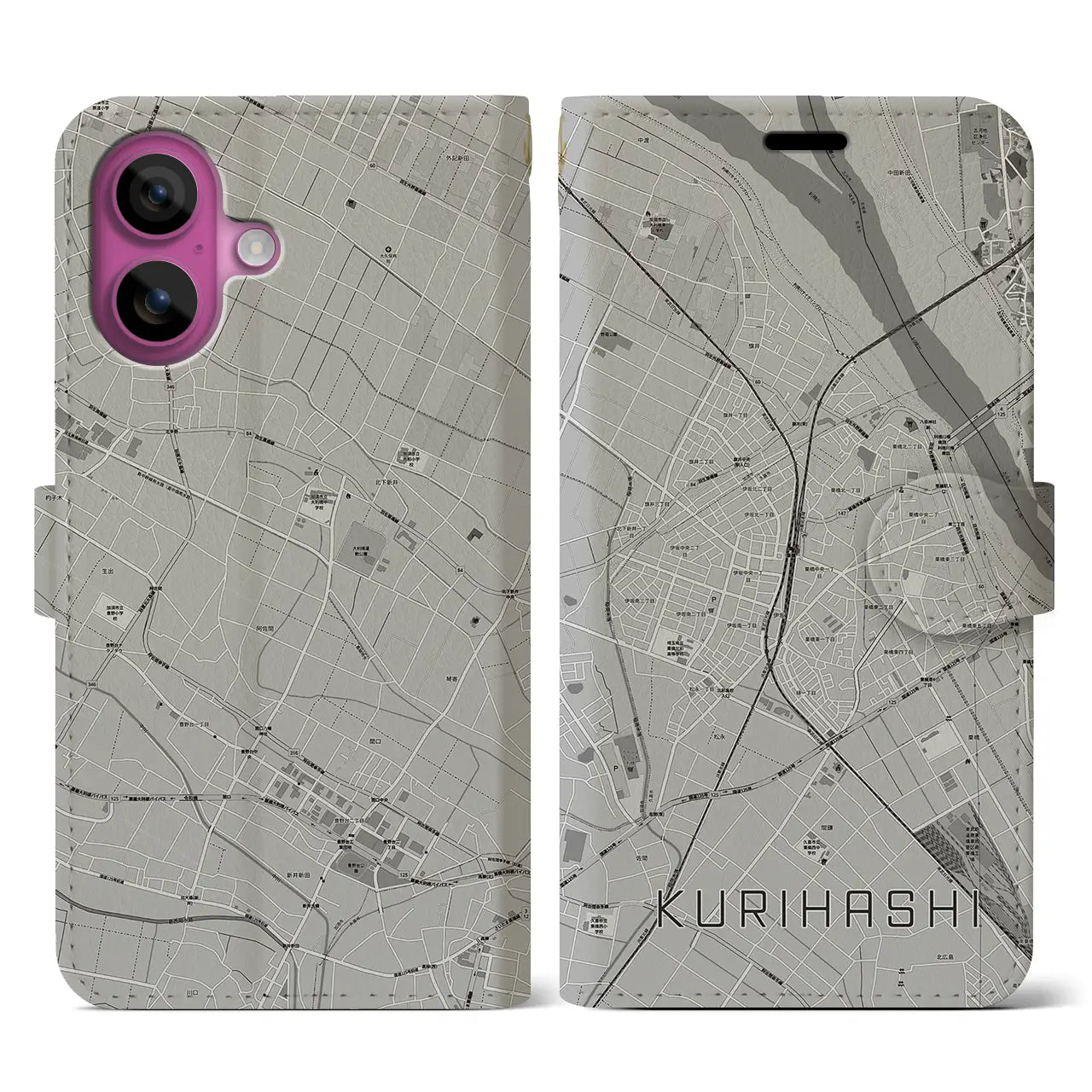【栗橋(埼玉県)】地図柄iPhoneケース(手帳タイプ)モノトーン・iPhone 16 Pro 用