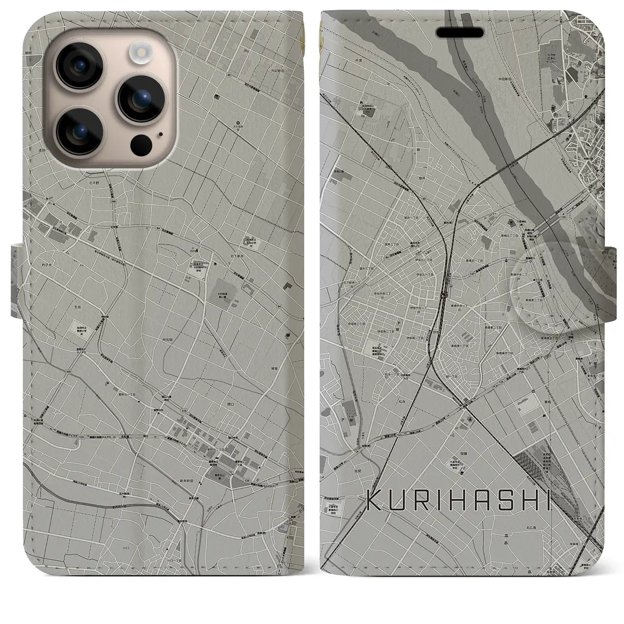 【栗橋(埼玉県)】地図柄iPhoneケース(手帳タイプ)モノトーン・iPhone 16 Plus 用