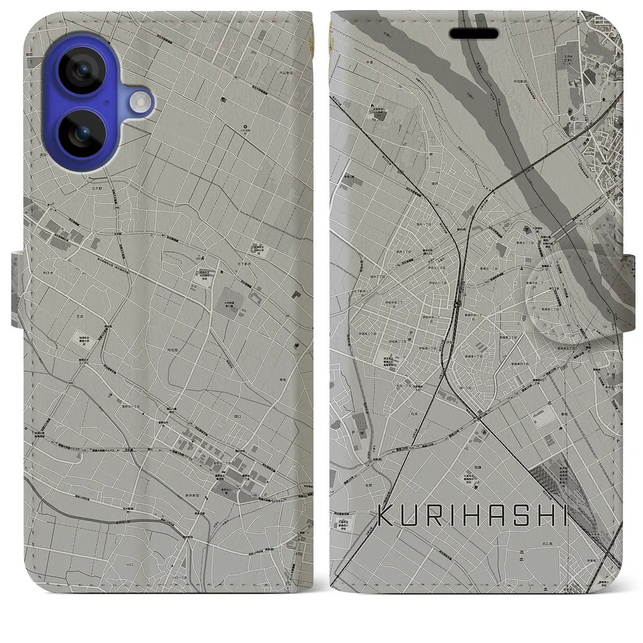 【栗橋(埼玉県)】地図柄iPhoneケース(手帳タイプ)モノトーン・iPhone 16 Pro Max 用