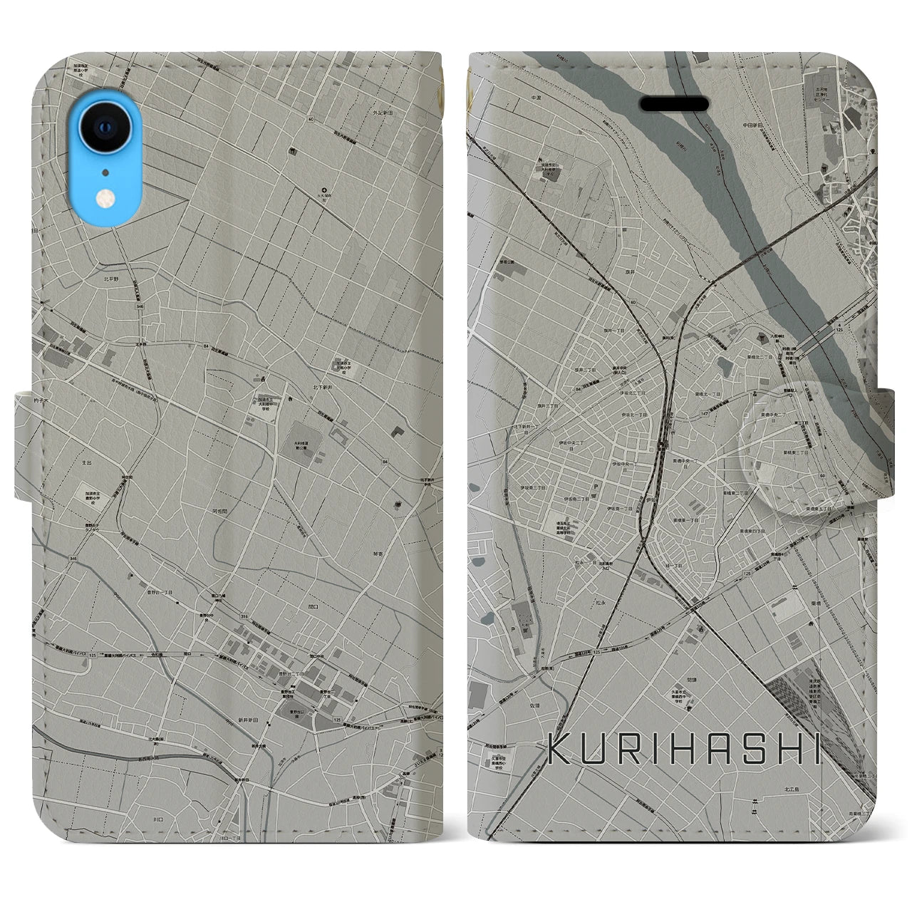 【栗橋(埼玉県)】地図柄iPhoneケース(手帳タイプ)モノトーン・iPhone XR 用
