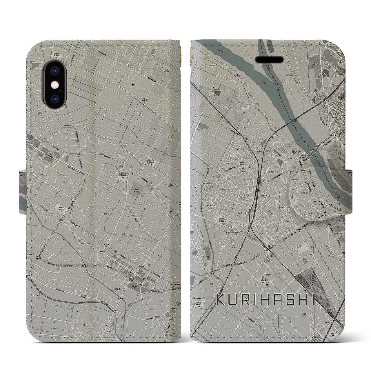 【栗橋(埼玉県)】地図柄iPhoneケース(手帳タイプ)モノトーン・iPhone XS / X 用