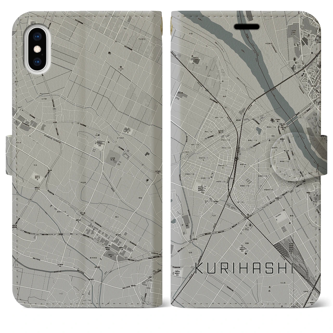 【栗橋(埼玉県)】地図柄iPhoneケース(手帳タイプ)モノトーン・iPhone XS Max 用