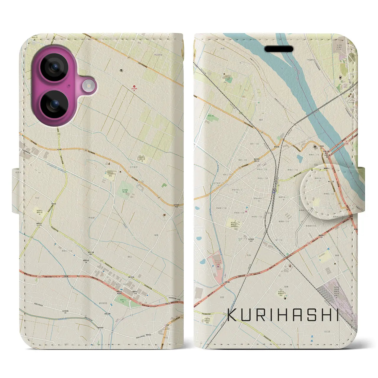 【栗橋(埼玉県)】地図柄iPhoneケース(手帳タイプ)ナチュラル・iPhone 16 Pro 用