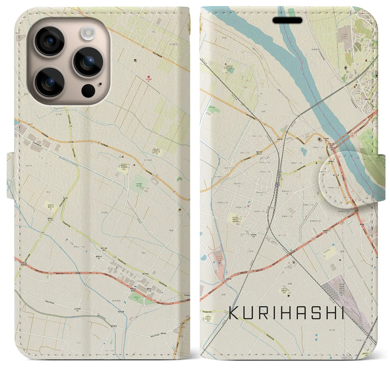【栗橋(埼玉県)】地図柄iPhoneケース(手帳タイプ)ナチュラル・iPhone 16 Plus 用