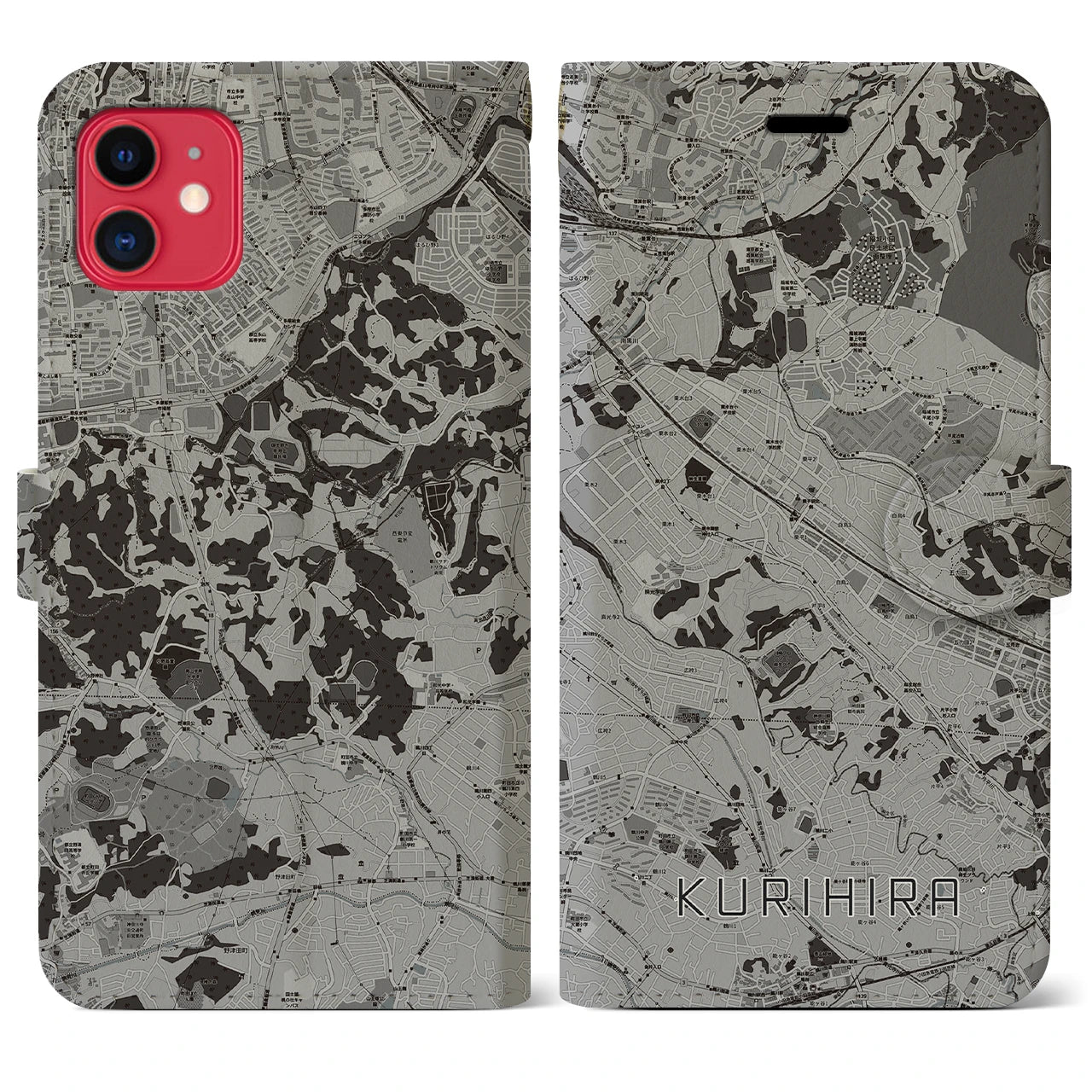 【栗平(神奈川県)】地図柄iPhoneケース(手帳タイプ)モノトーン・iPhone 11 用
