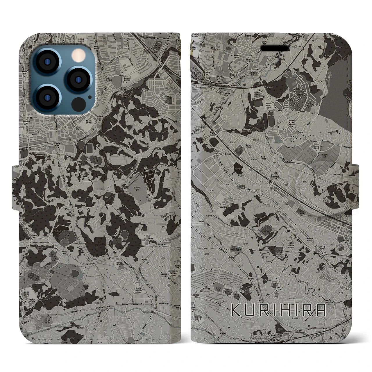 【栗平(神奈川県)】地図柄iPhoneケース(手帳タイプ)モノトーン・iPhone 12 / 12 Pro 用