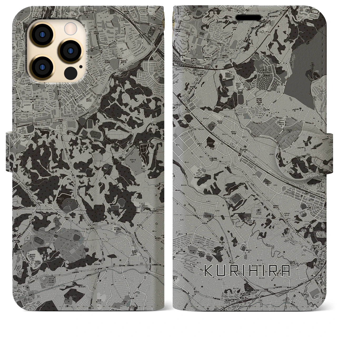 【栗平(神奈川県)】地図柄iPhoneケース(手帳タイプ)モノトーン・iPhone 12 Pro Max 用