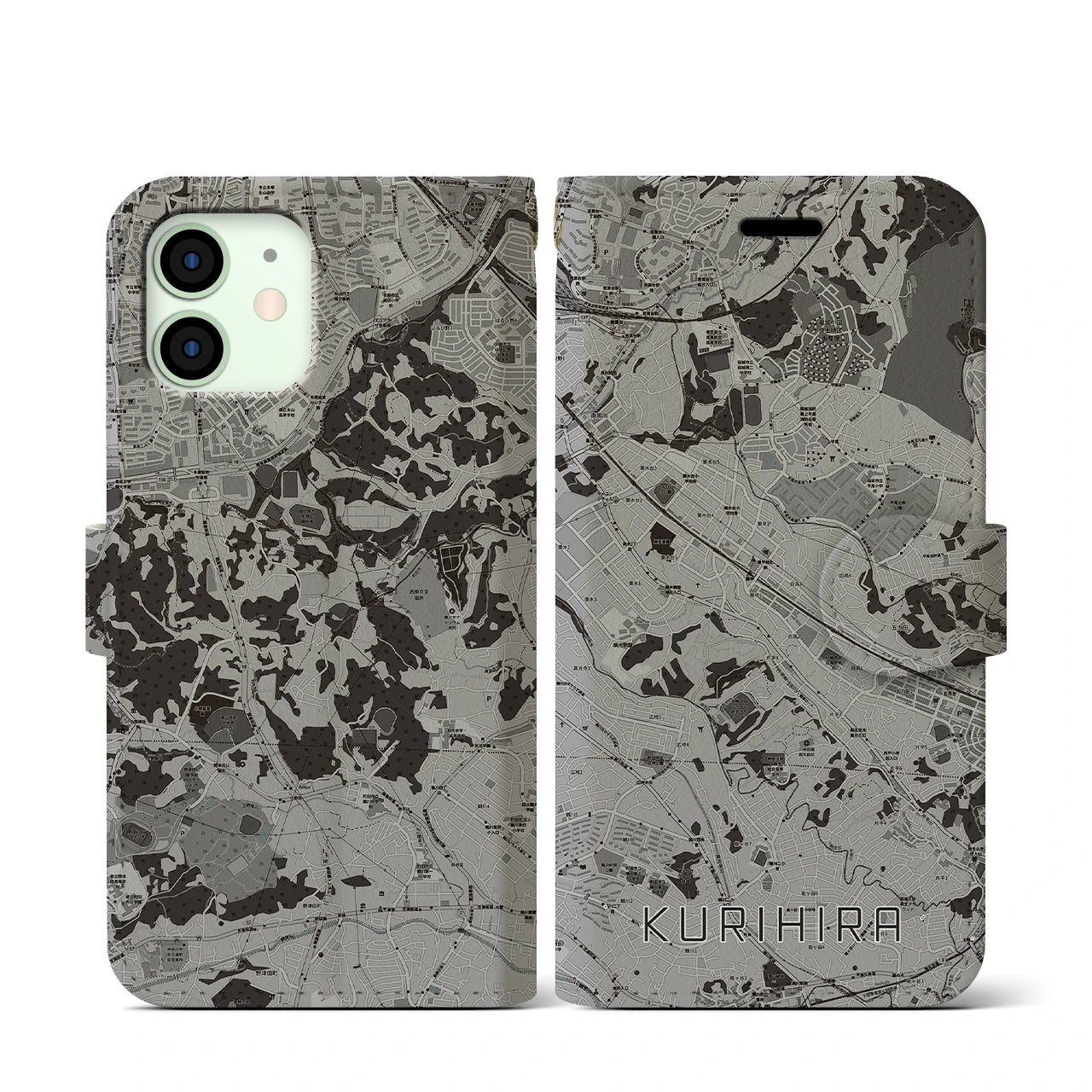 【栗平(神奈川県)】地図柄iPhoneケース(手帳タイプ)モノトーン・iPhone 12 mini 用