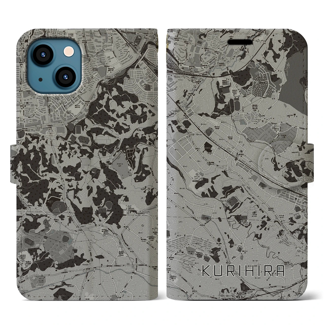 【栗平(神奈川県)】地図柄iPhoneケース(手帳タイプ)モノトーン・iPhone 13 用