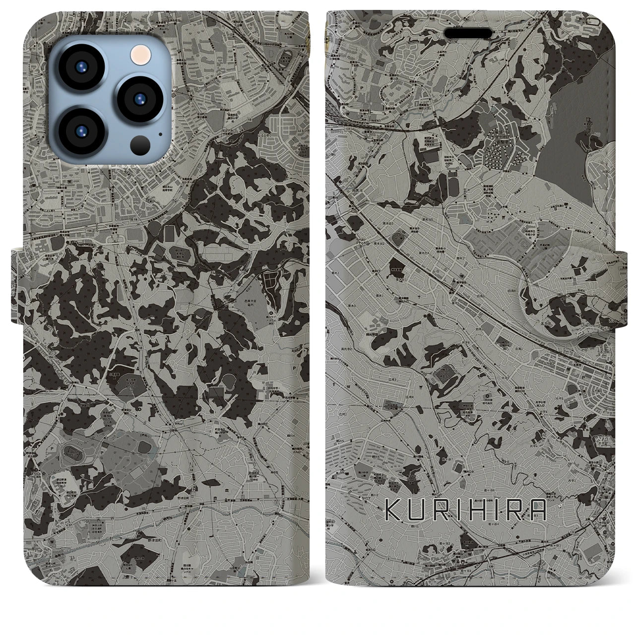 【栗平(神奈川県)】地図柄iPhoneケース(手帳タイプ)モノトーン・iPhone 13 Pro Max 用