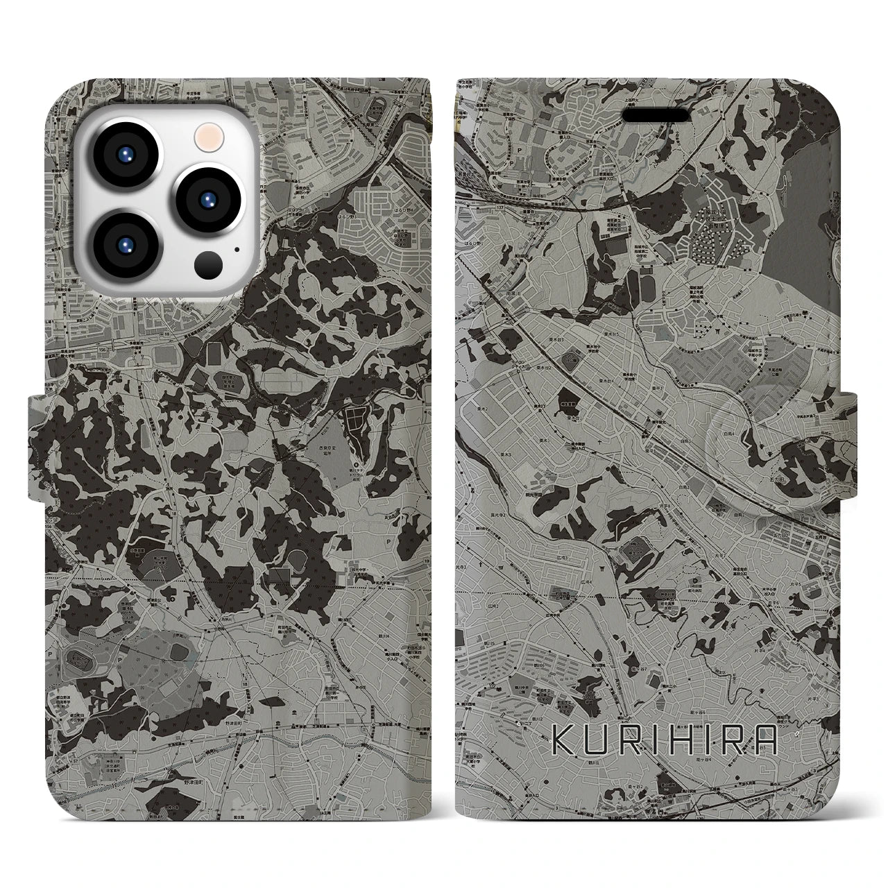 【栗平(神奈川県)】地図柄iPhoneケース(手帳タイプ)モノトーン・iPhone 13 Pro 用