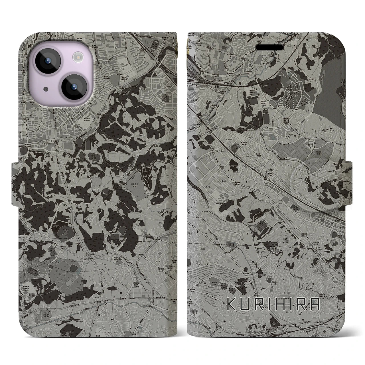 【栗平(神奈川県)】地図柄iPhoneケース(手帳タイプ)モノトーン・iPhone 14 用