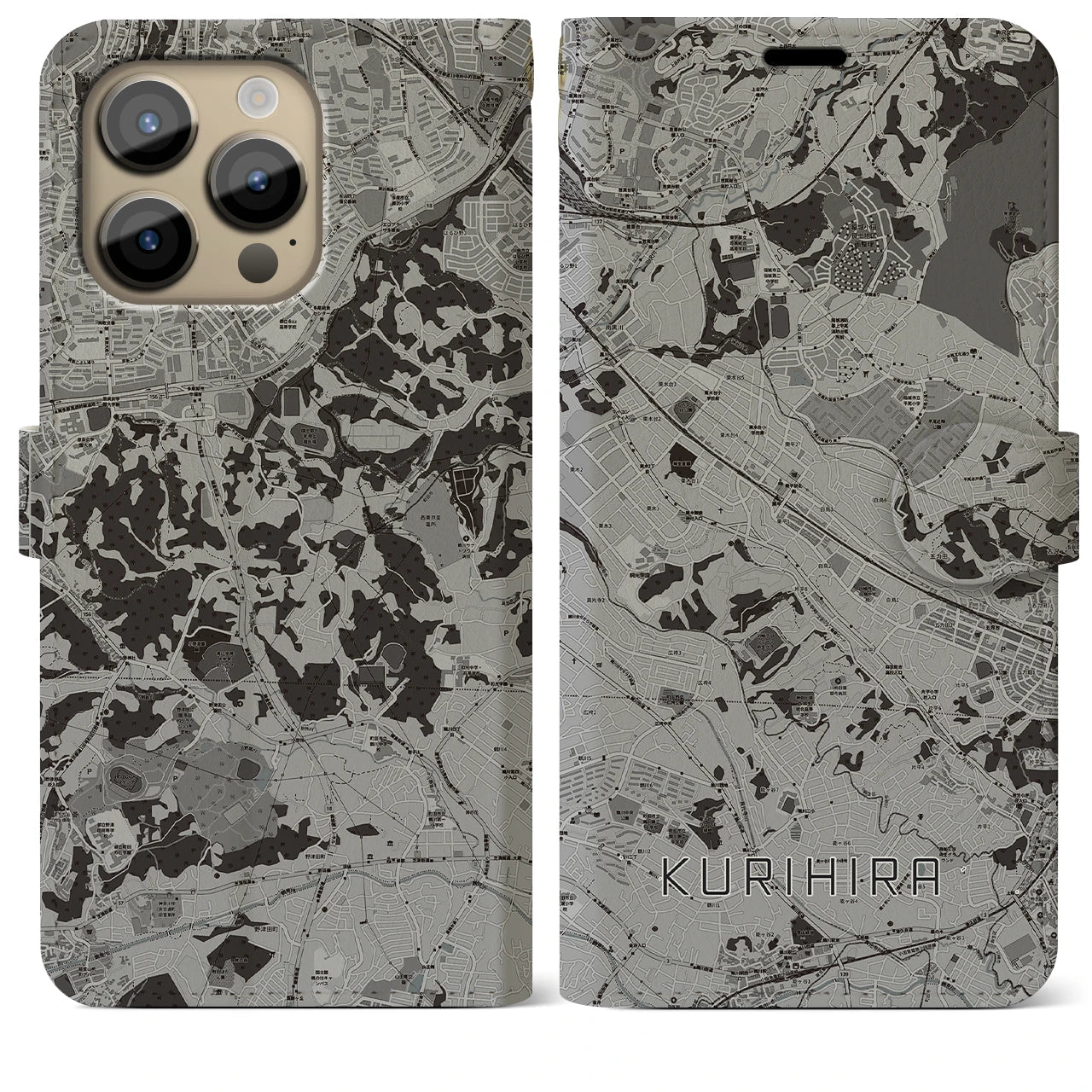【栗平(神奈川県)】地図柄iPhoneケース(手帳タイプ)モノトーン・iPhone 14 Pro Max 用