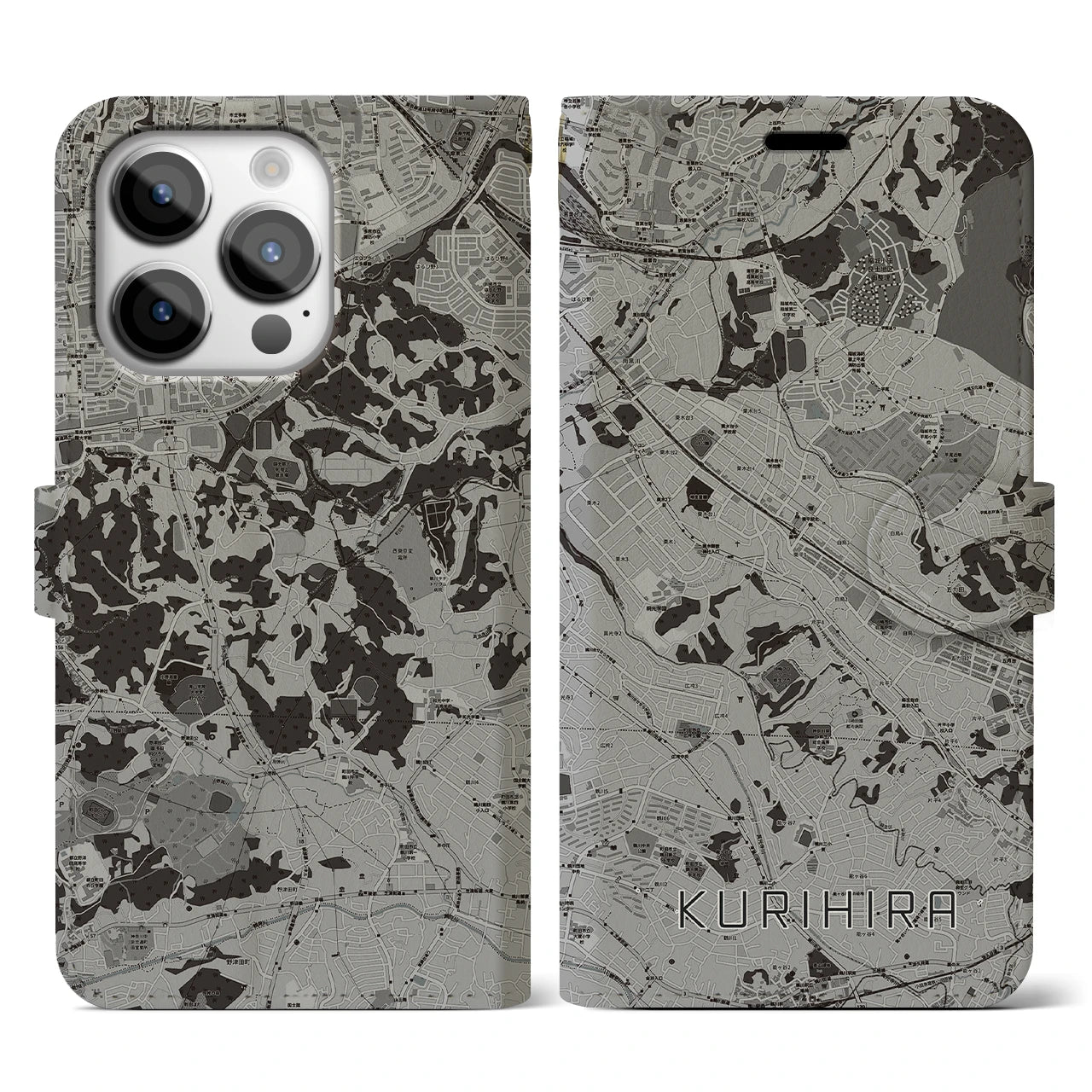 【栗平(神奈川県)】地図柄iPhoneケース(手帳タイプ)モノトーン・iPhone 14 Pro 用