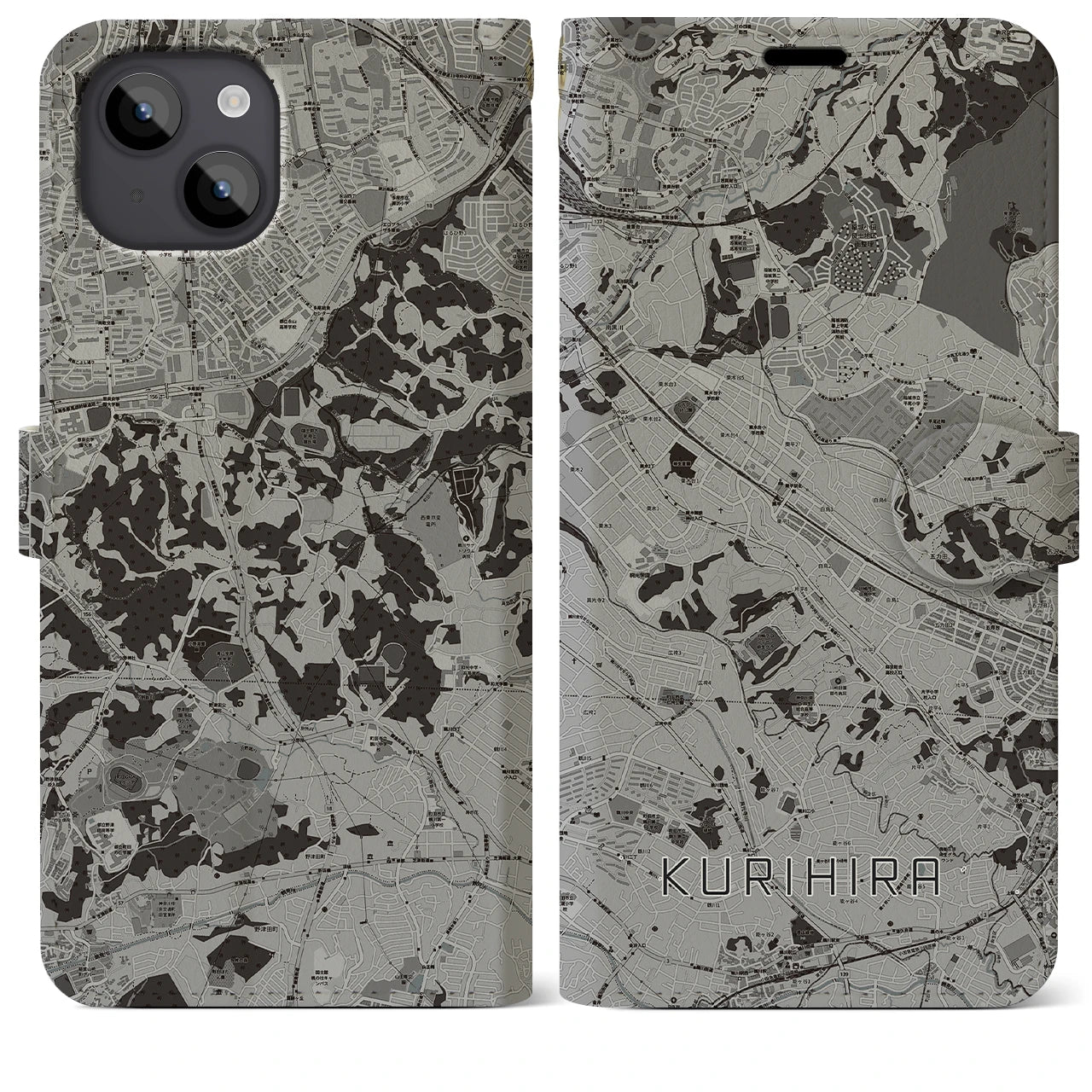 【栗平(神奈川県)】地図柄iPhoneケース(手帳タイプ)モノトーン・iPhone 14 Plus 用