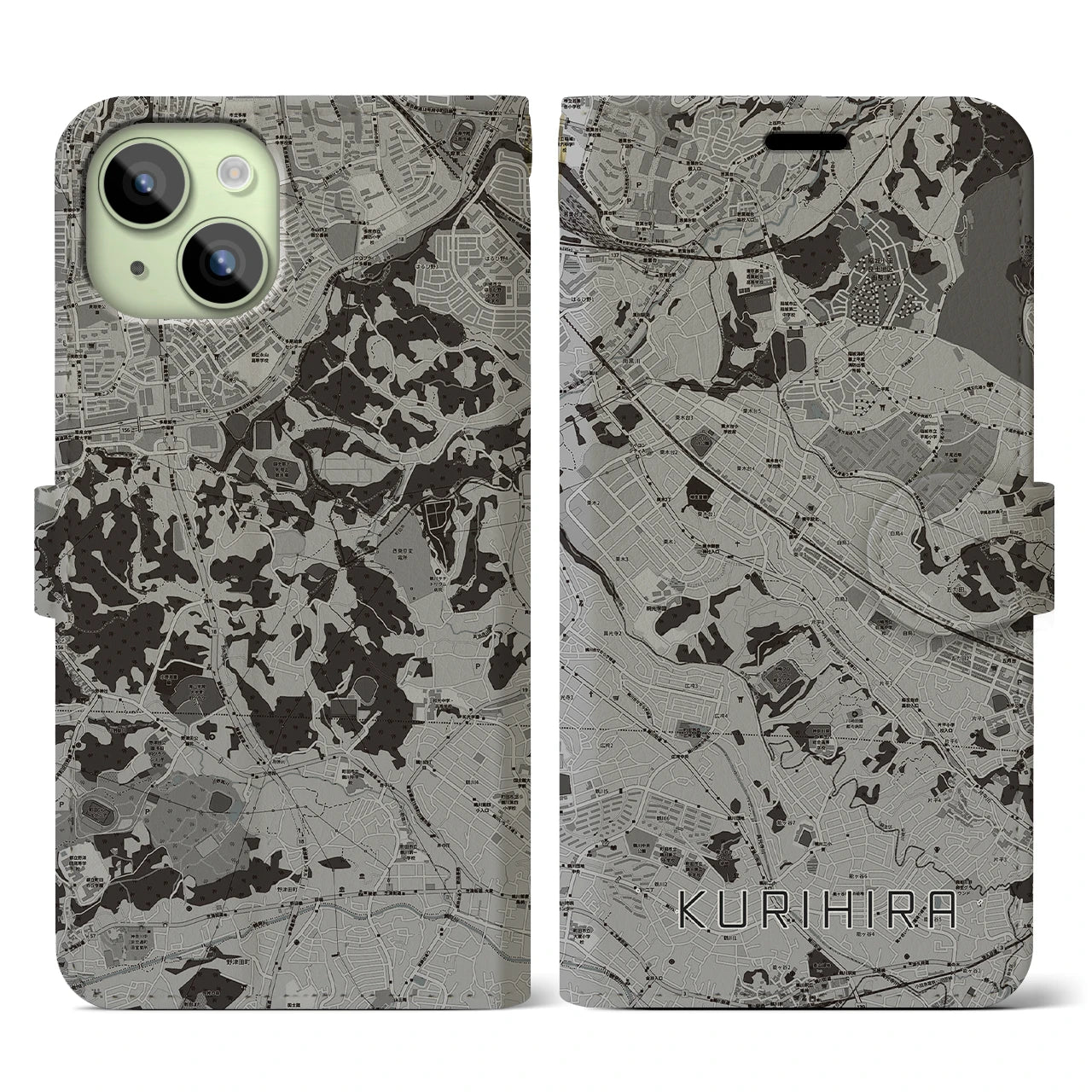 【栗平(神奈川県)】地図柄iPhoneケース(手帳タイプ)モノトーン・iPhone 15 用