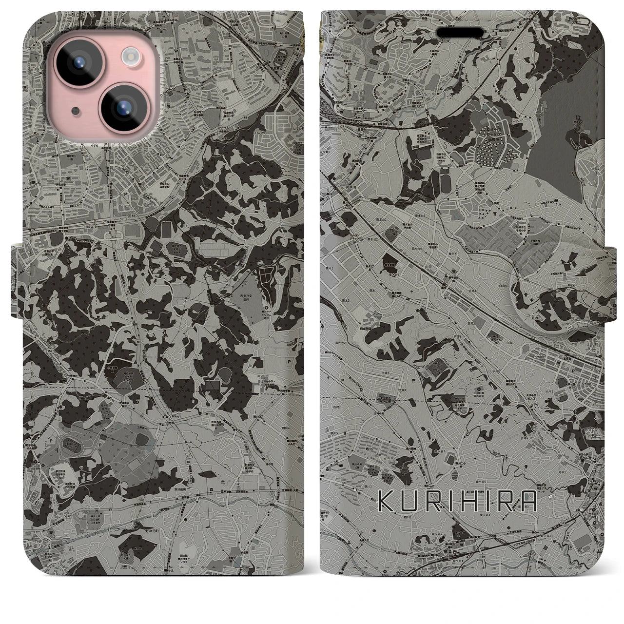 【栗平(神奈川県)】地図柄iPhoneケース(手帳タイプ)モノトーン・iPhone 15 Plus 用