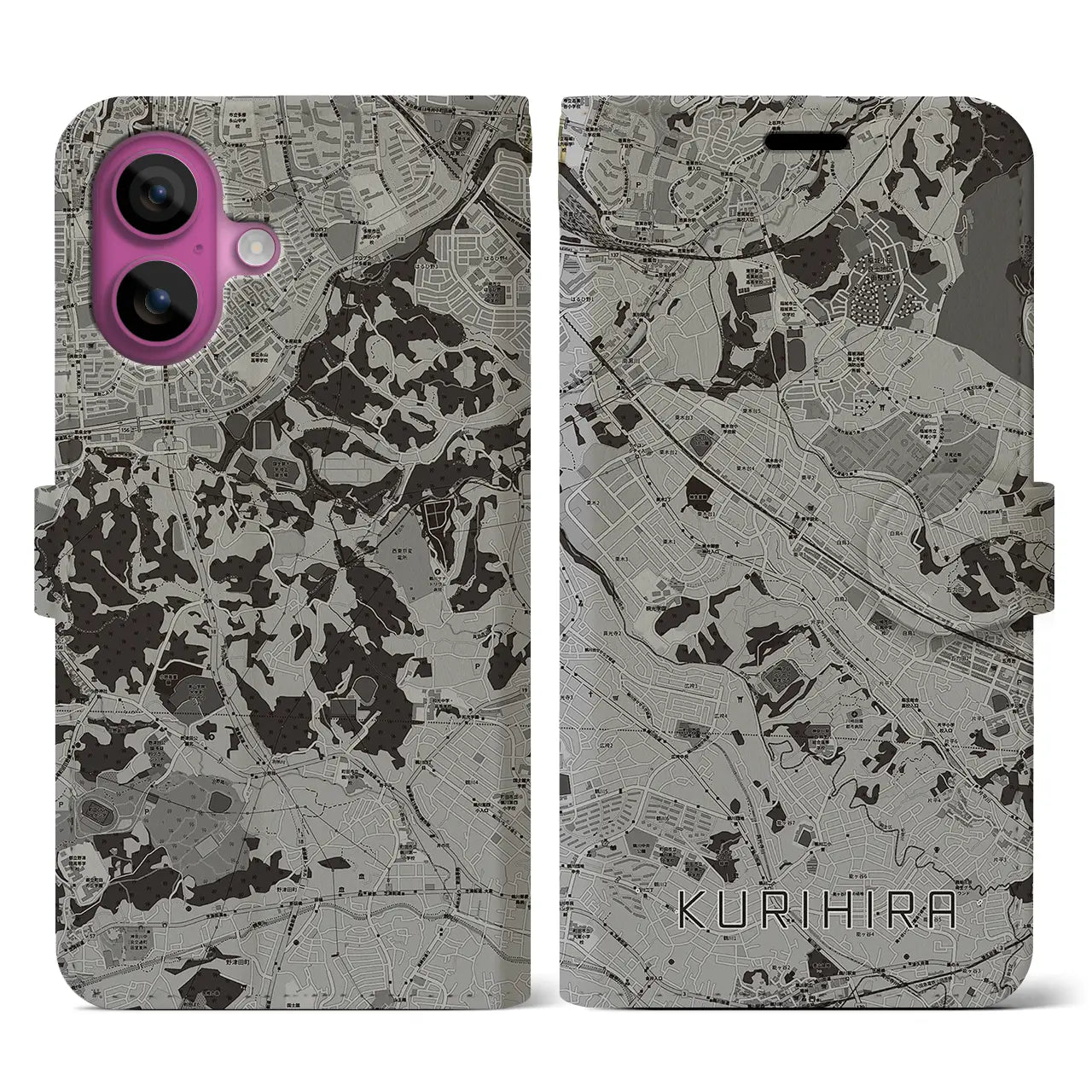 【栗平(神奈川県)】地図柄iPhoneケース(手帳タイプ)モノトーン・iPhone 16 Pro 用