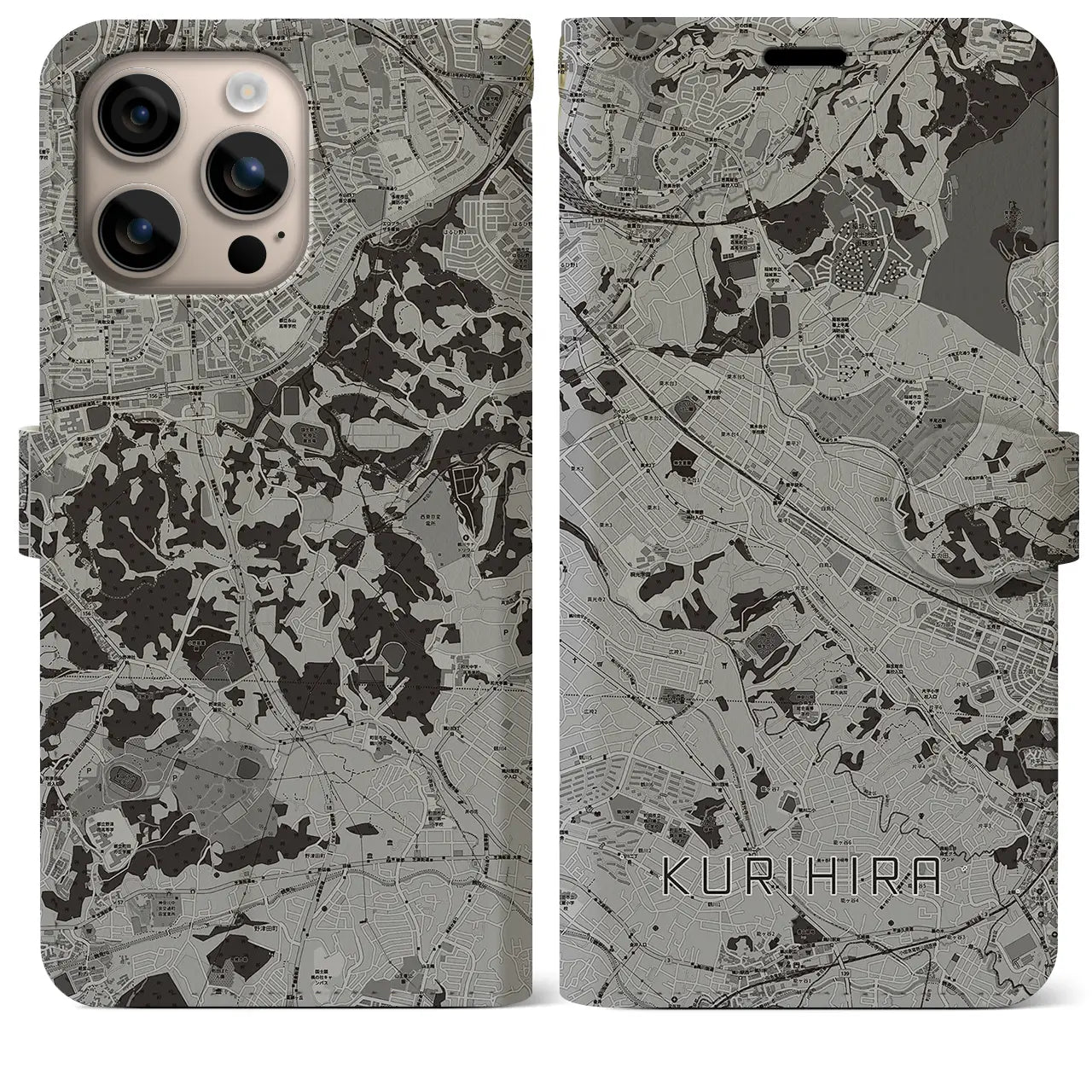 【栗平(神奈川県)】地図柄iPhoneケース(手帳タイプ)モノトーン・iPhone 16 Plus 用