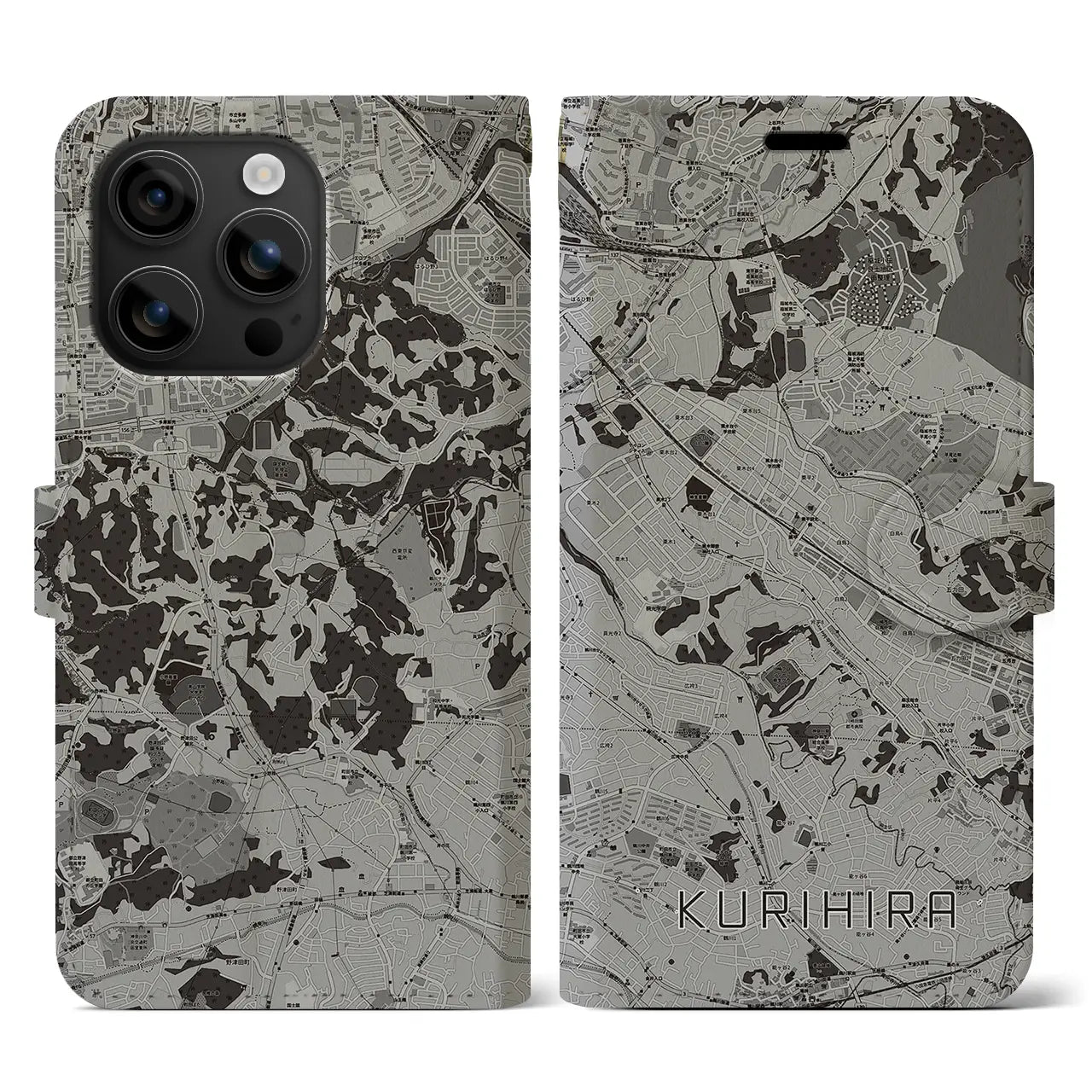 【栗平(神奈川県)】地図柄iPhoneケース(手帳タイプ)モノトーン・iPhone 16 用