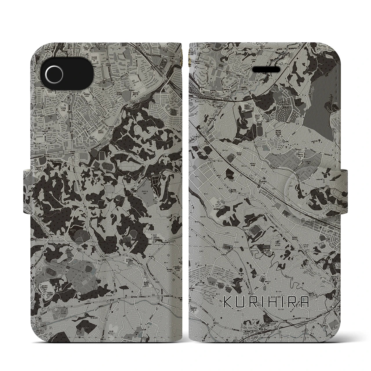 【栗平(神奈川県)】地図柄iPhoneケース(手帳タイプ)モノトーン・iPhone SE(第3 / 第2世代) / 8 / 7 / 6s / 6 用