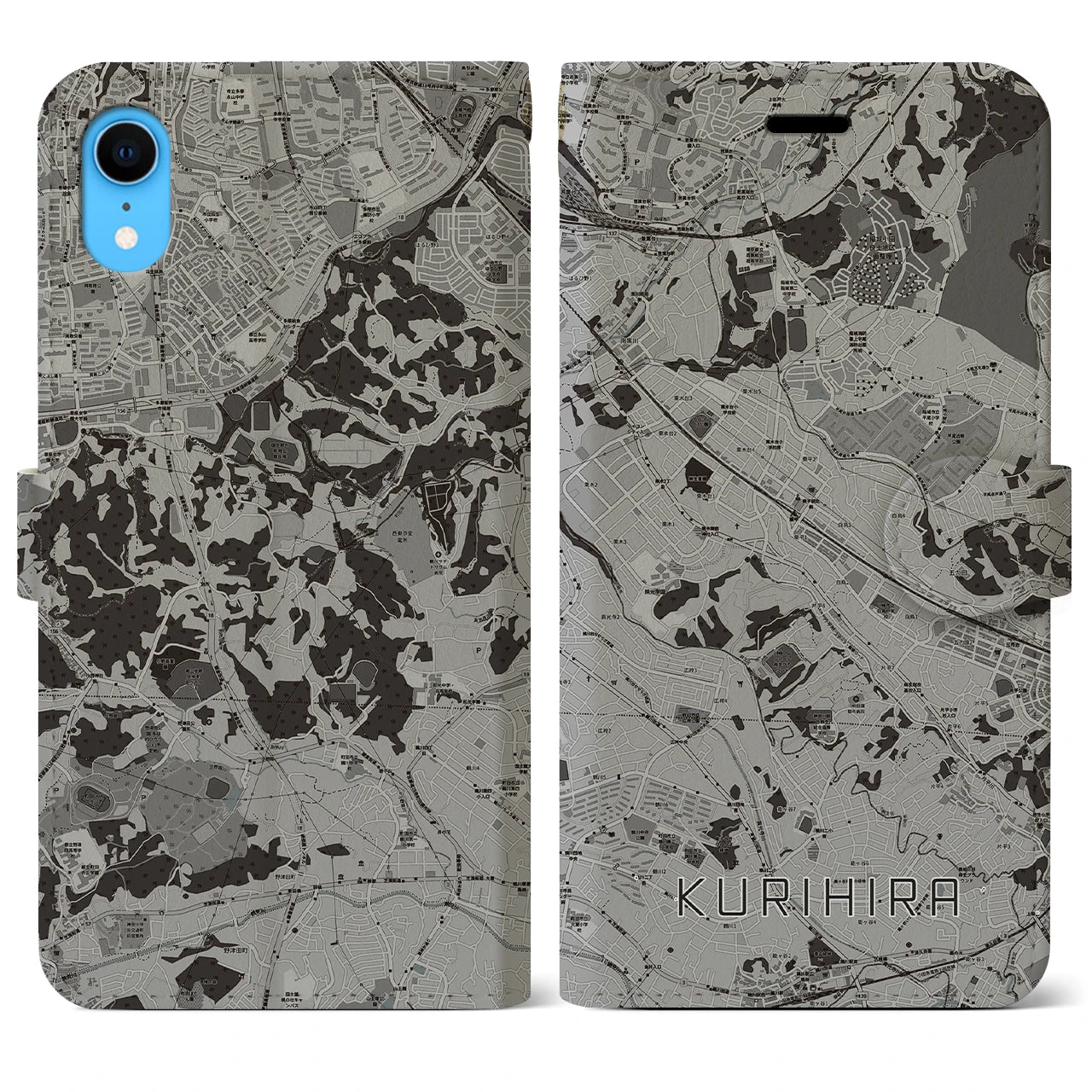 【栗平(神奈川県)】地図柄iPhoneケース(手帳タイプ)モノトーン・iPhone XR 用