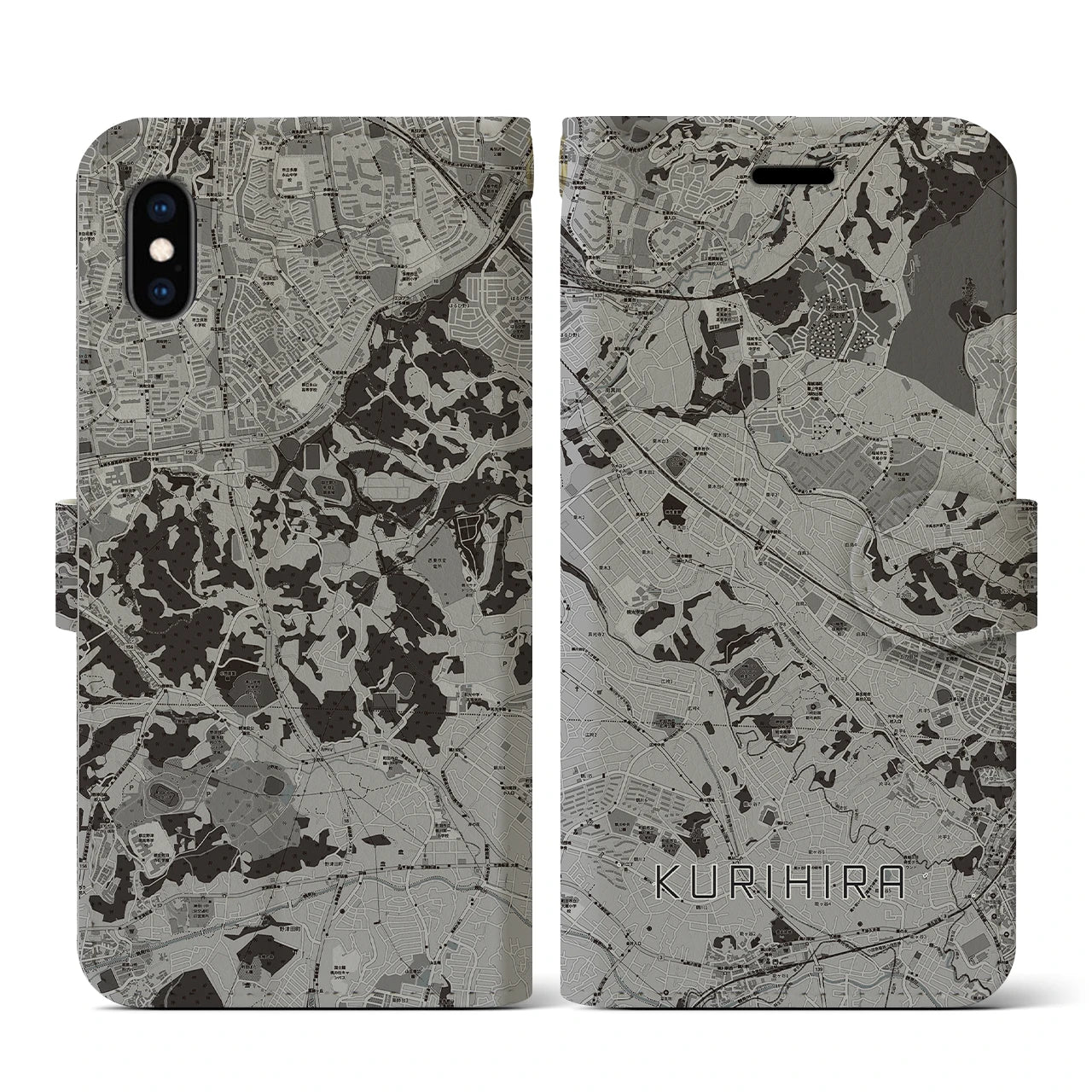 【栗平(神奈川県)】地図柄iPhoneケース(手帳タイプ)モノトーン・iPhone XS / X 用